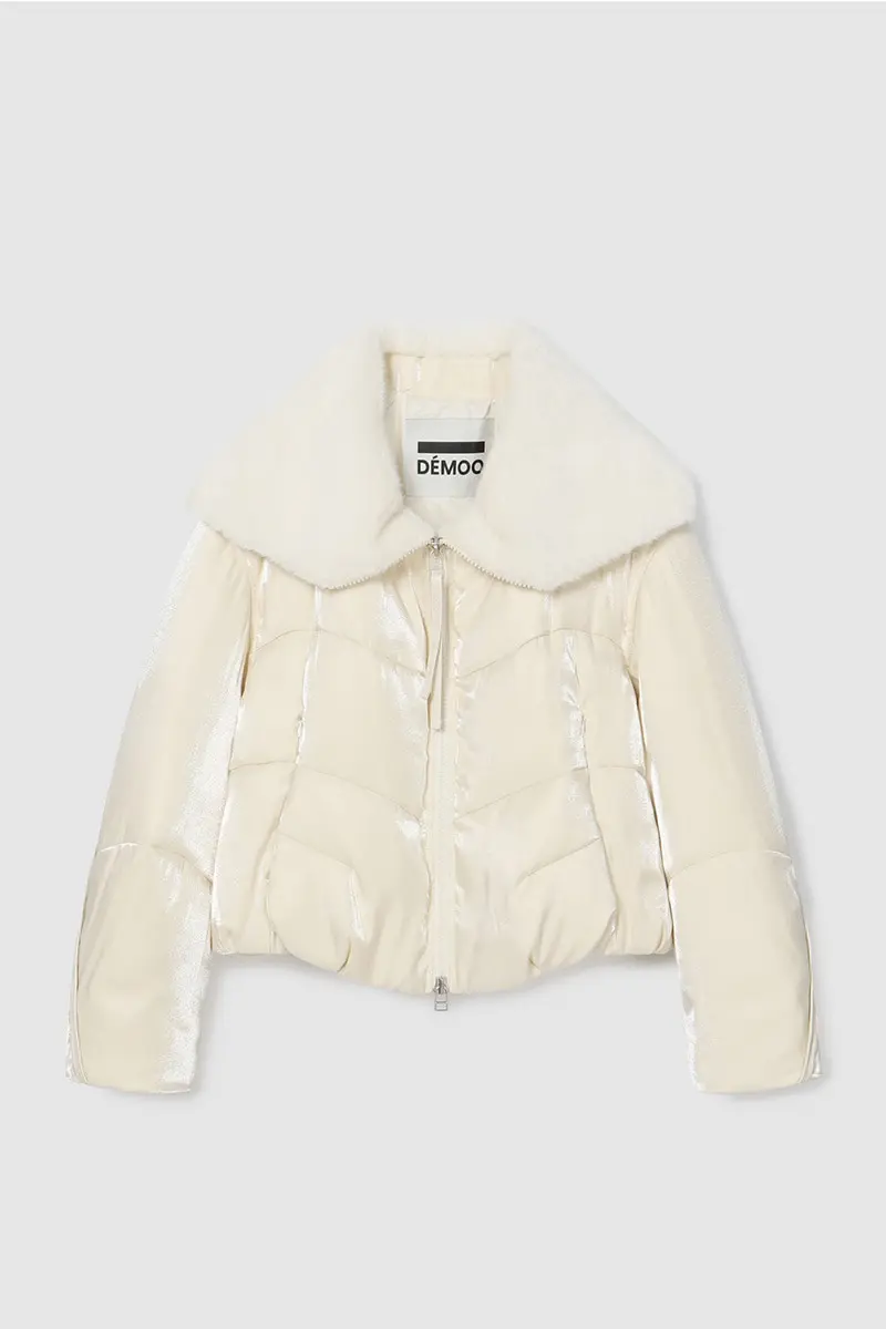 Glossy Fur Collar Down Jacket Light Beige