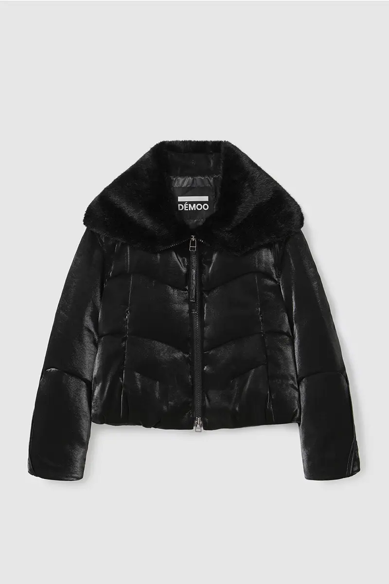 Glossy Fur Collar Down Jacket Black