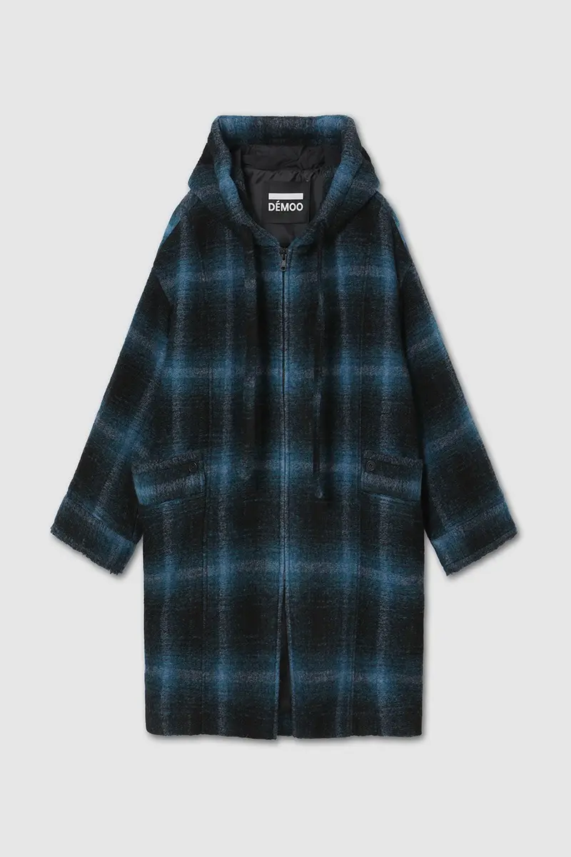 Check Half Hood Coat Blue Green PT