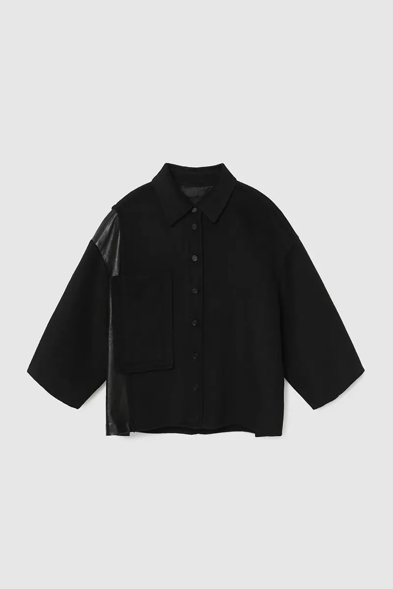 Leather Panel Handmade Blouse Black