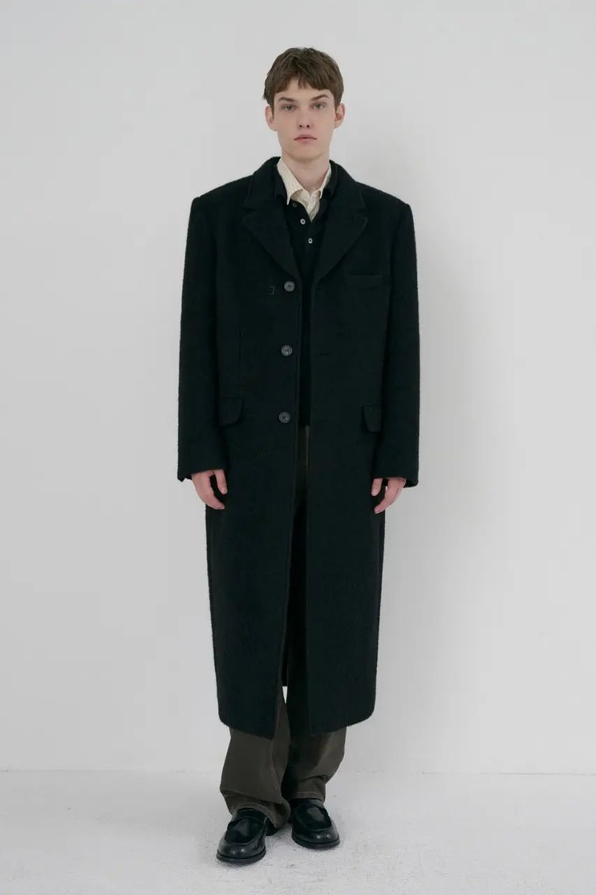 Unisex 2-Way 3 Button Boucle Wool Coat (Black)