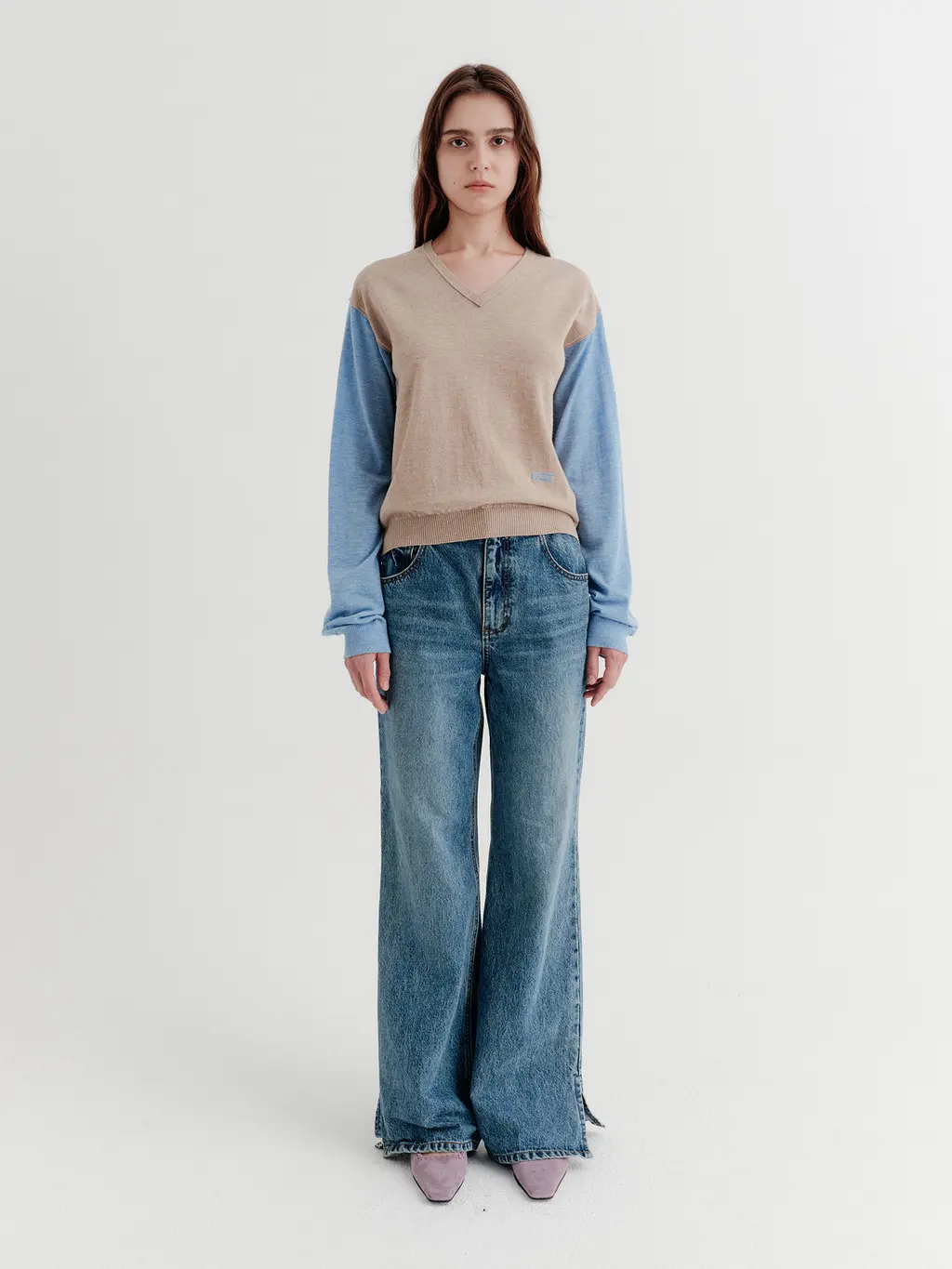 Flare-Fit Slit Denim Pants - Blue