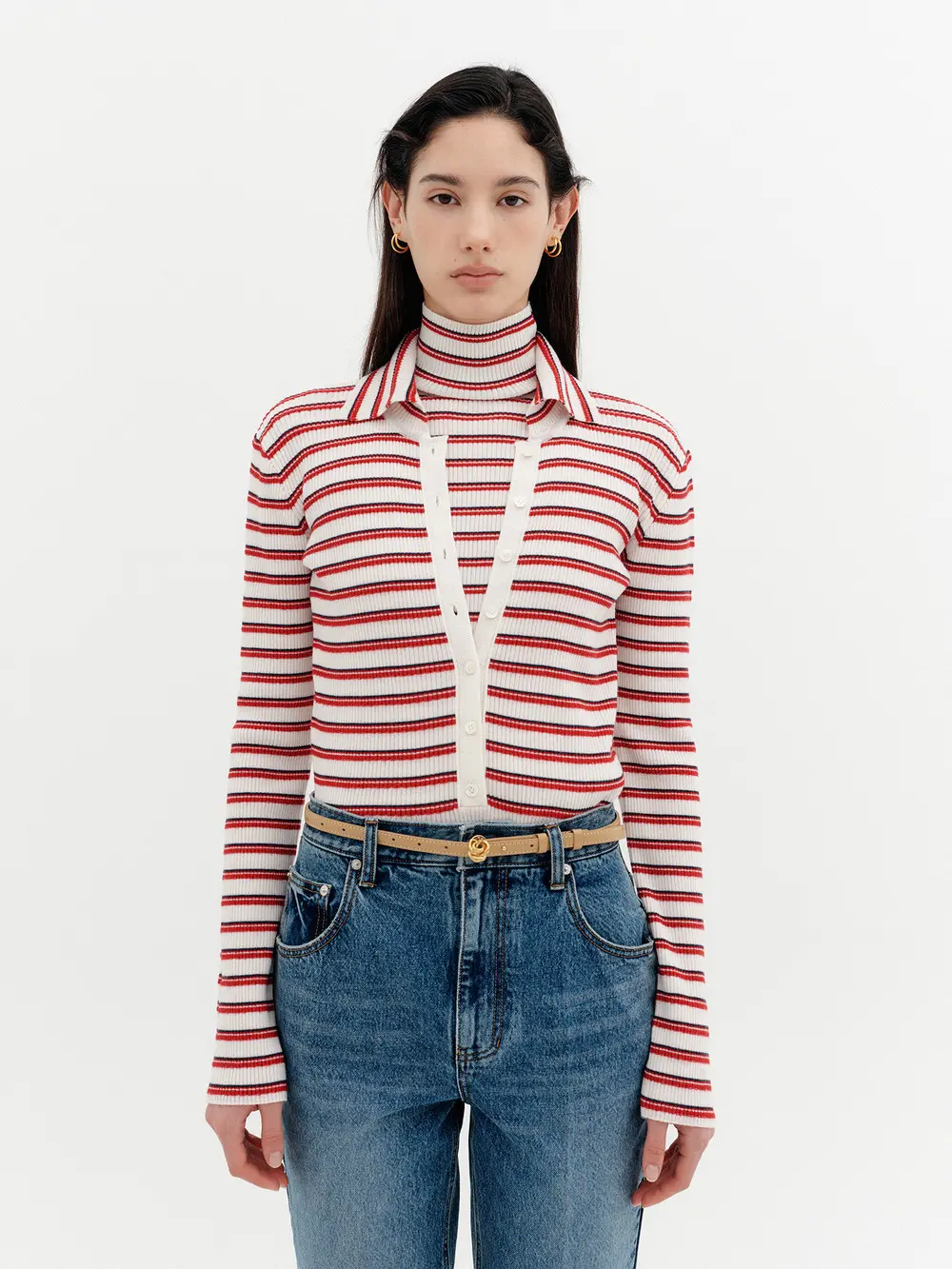 High-Neck Layered Knit Top - Ivory