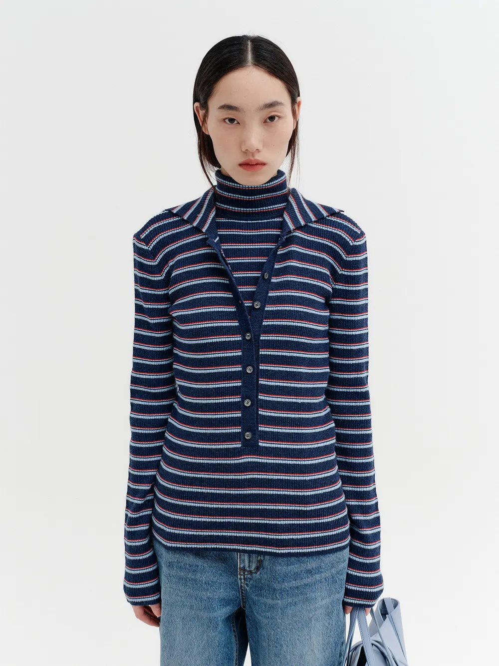 High-Neck Layered Knit Top - Navy