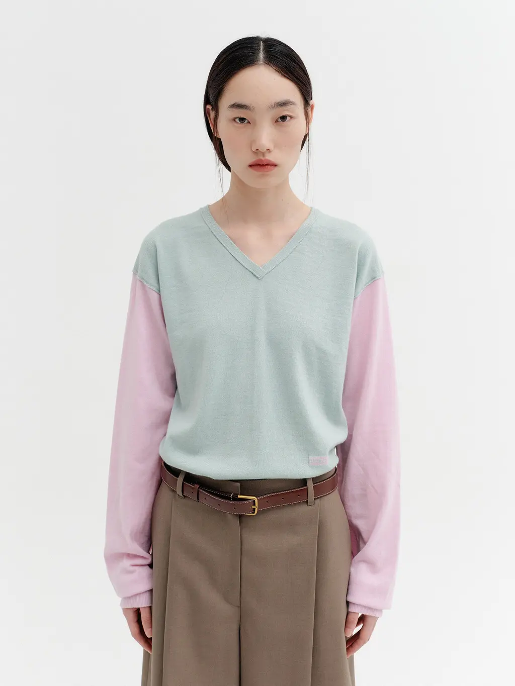 V-Neck Contrast Knit Top - Mint