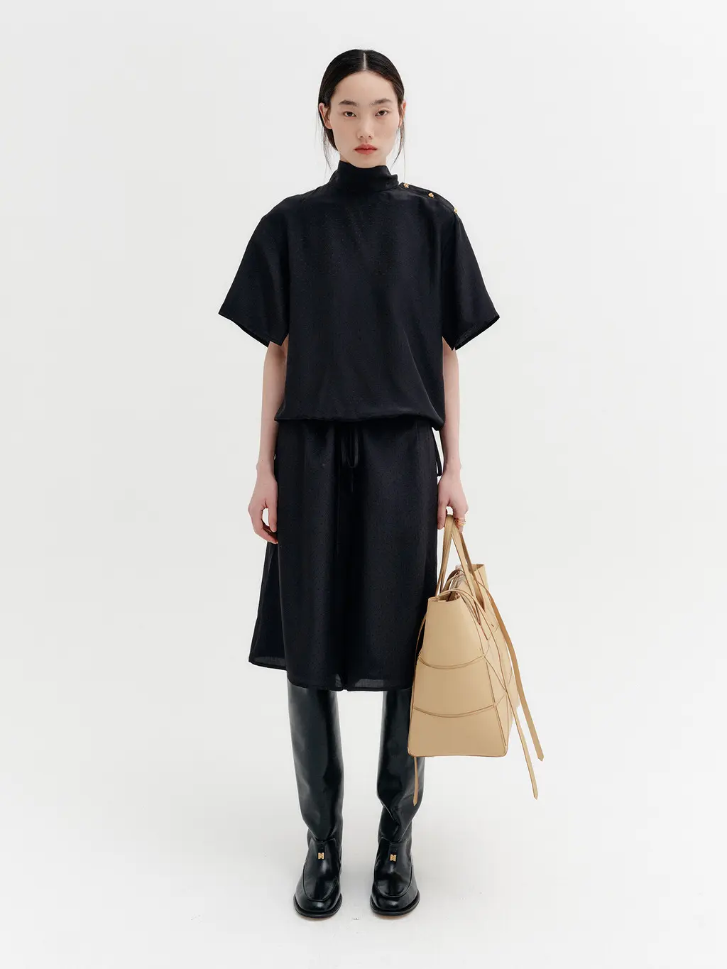 Drawstring Waist Pattern Pants - Black
