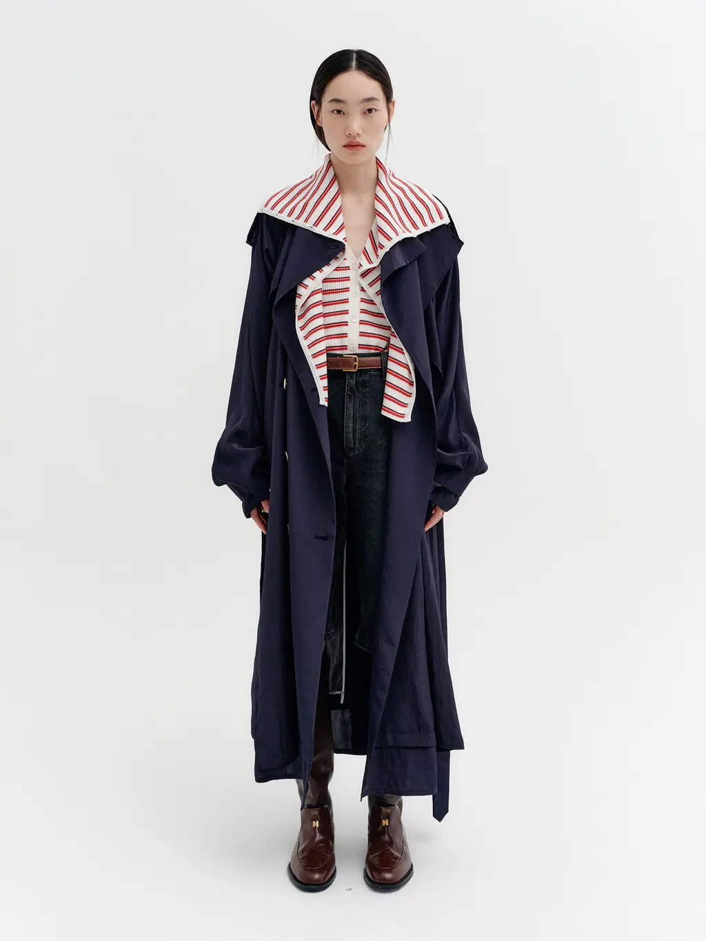 Layered Collar Trench Coat - Navy