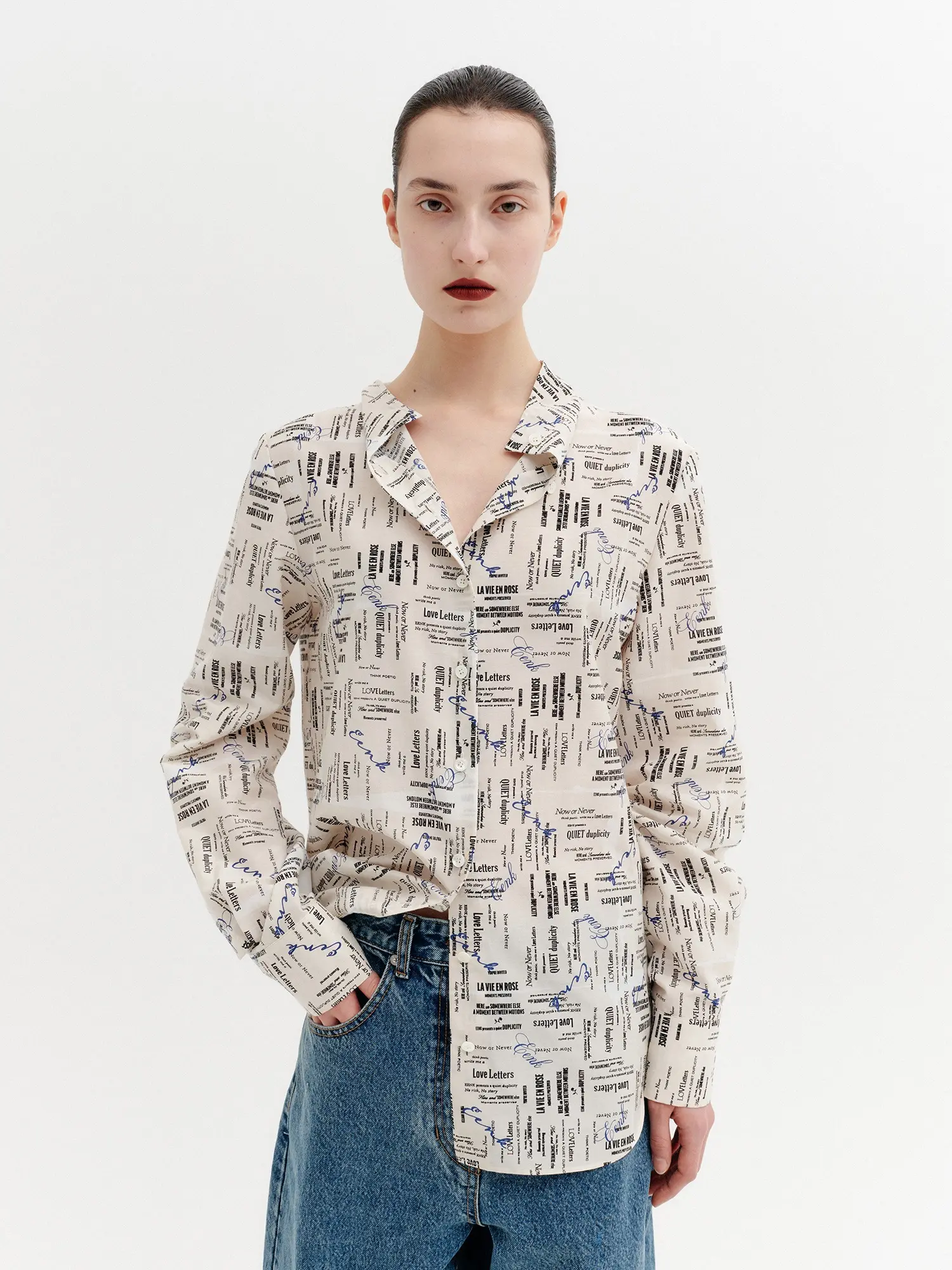 Lettering Print Button-Up Shirt - Ivory