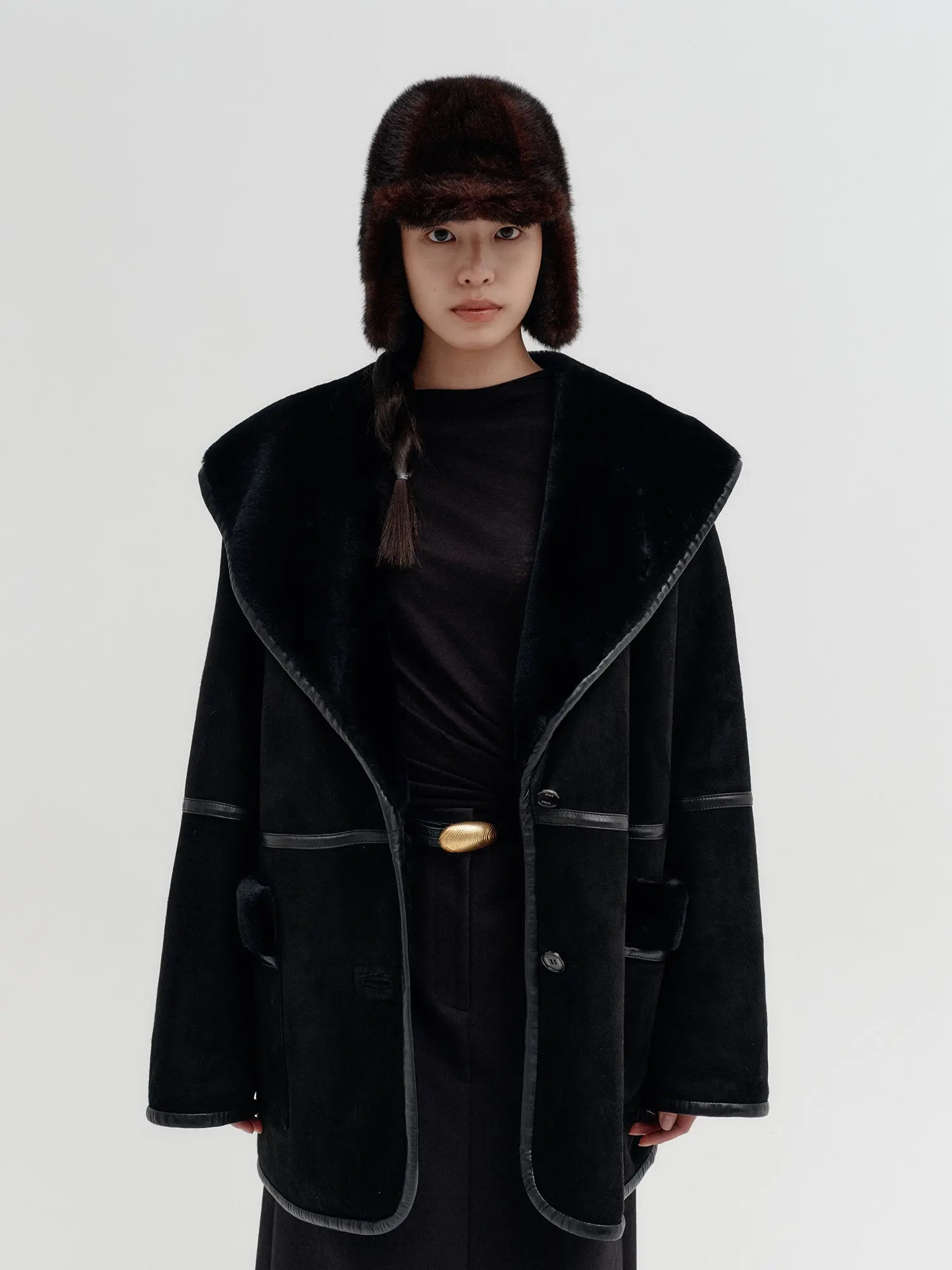 Wide Frame Reversible Shearling Coat - Black