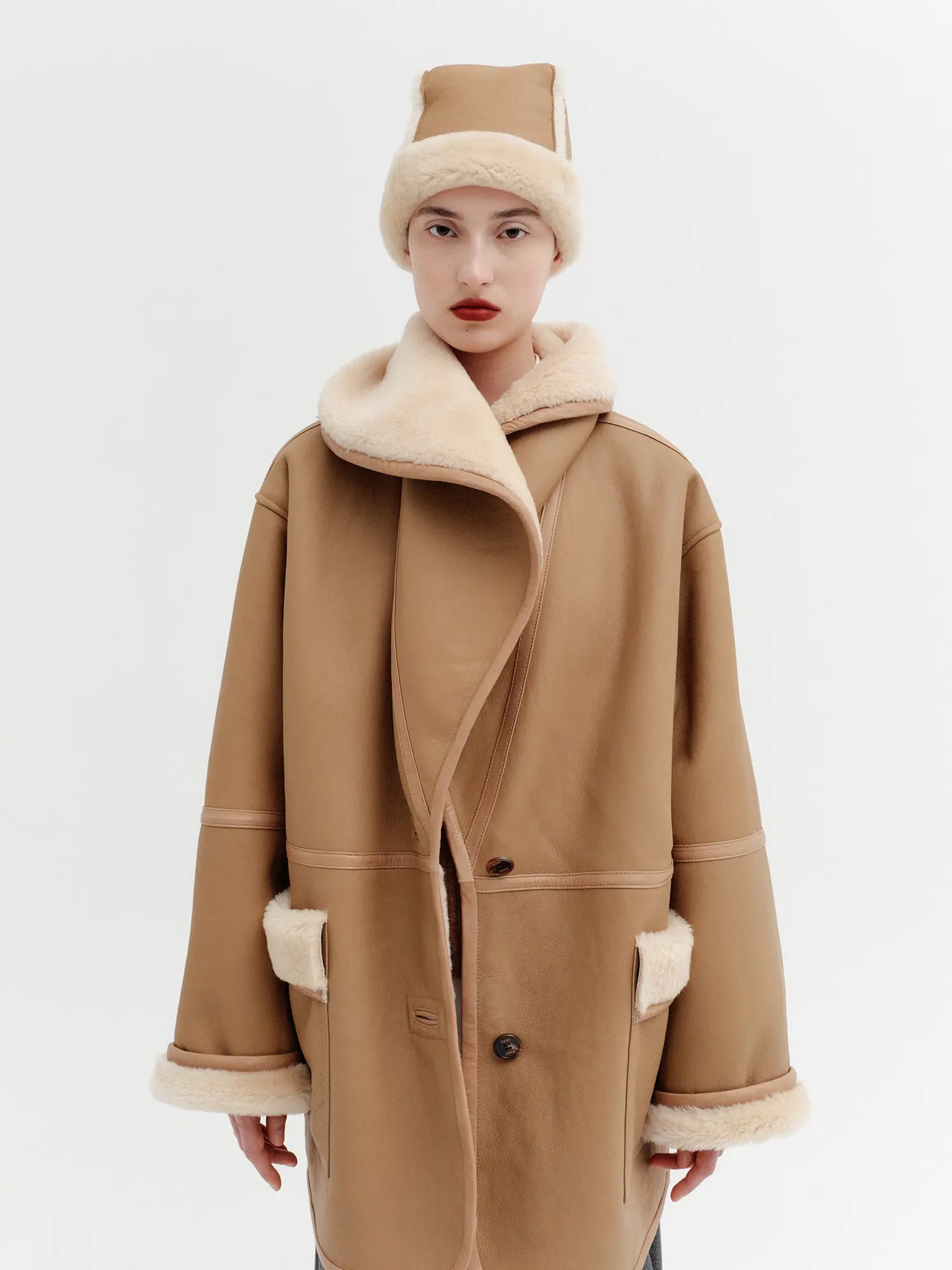 Wide Frame Reversible Shearling Coat - Beige