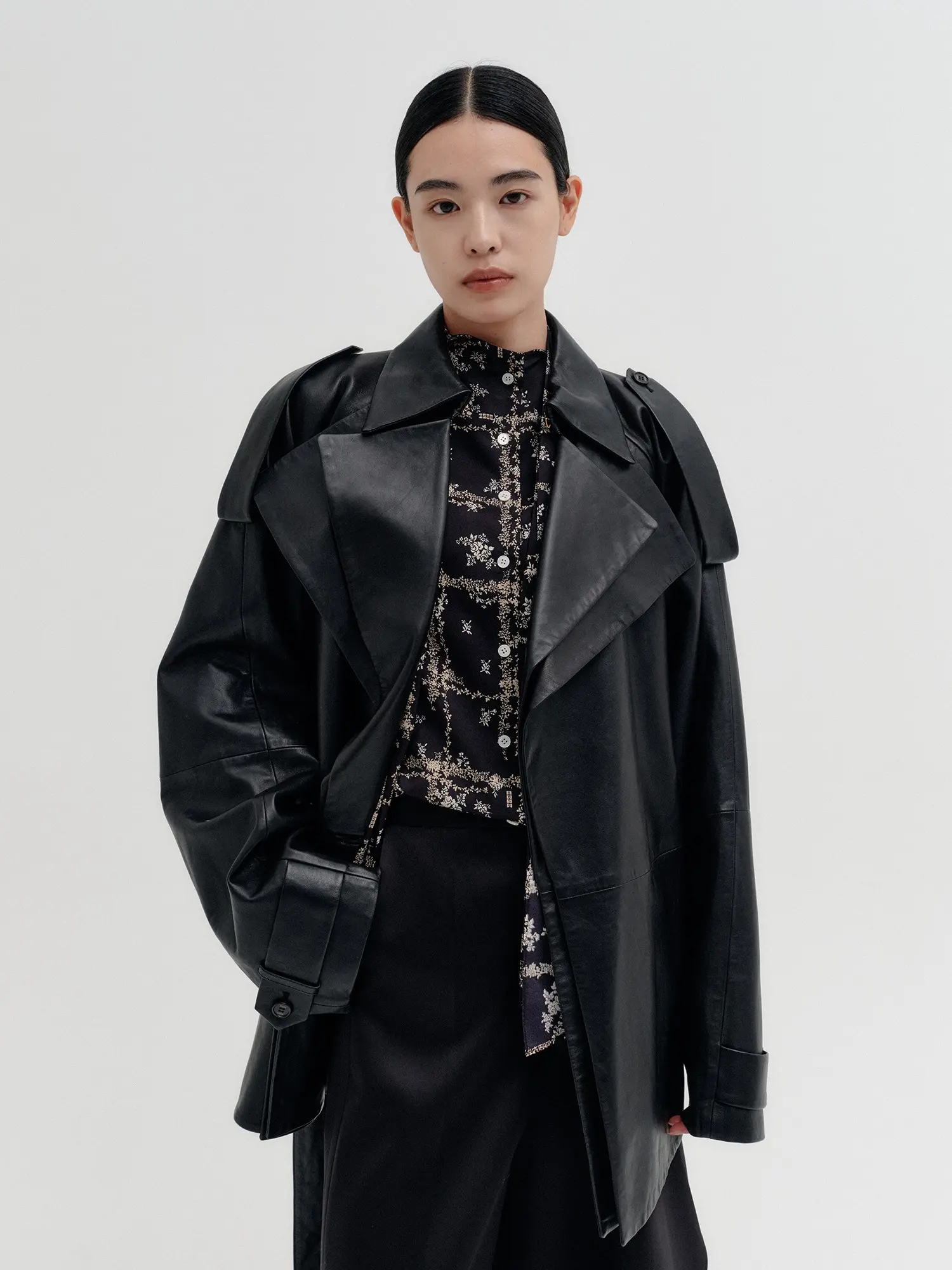 Layered Collar Drape Leather Jacket - Black