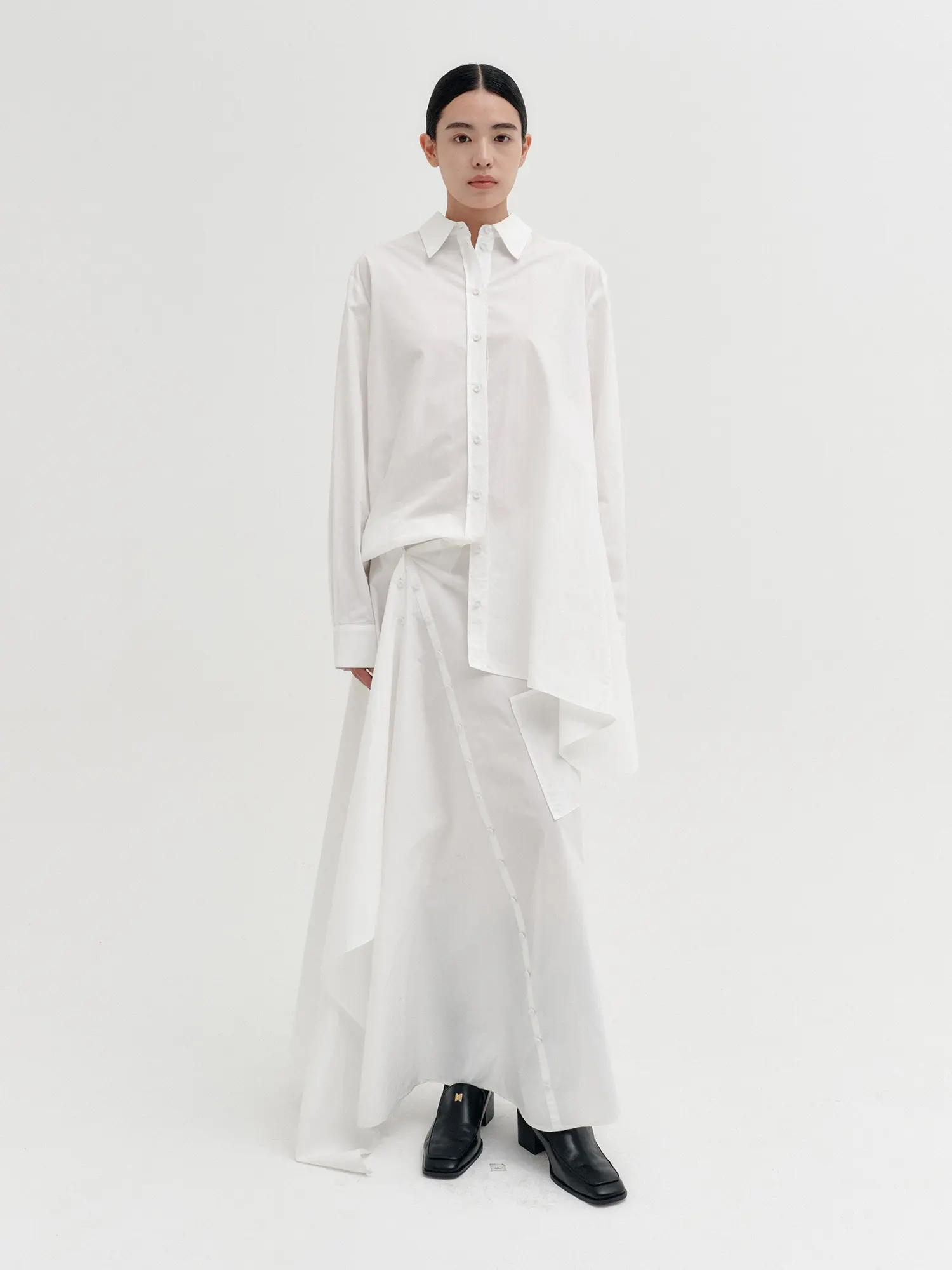 Layered Contrast Shirt Dress - White