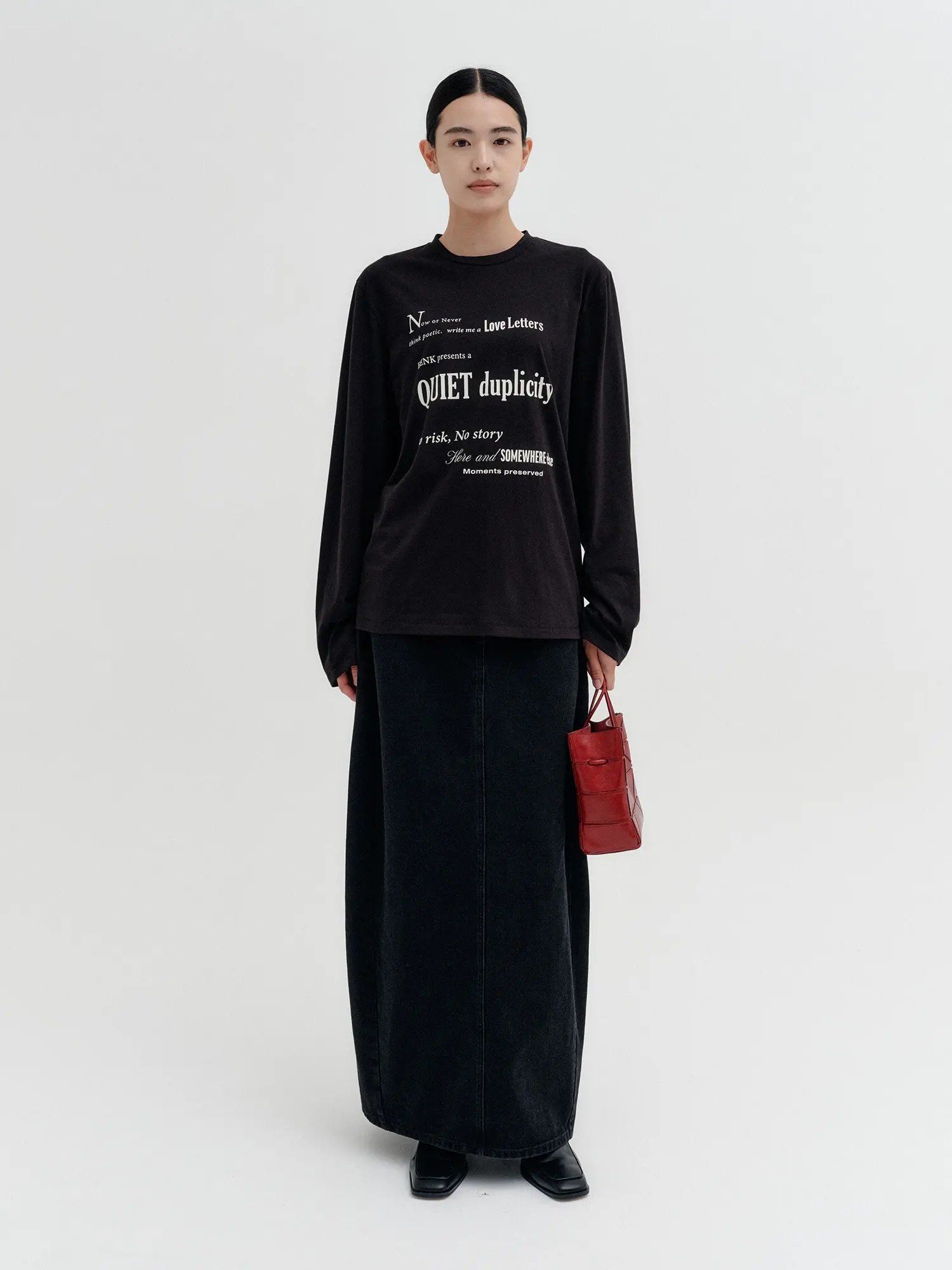 Curve Line Long Denim Skirt - Black