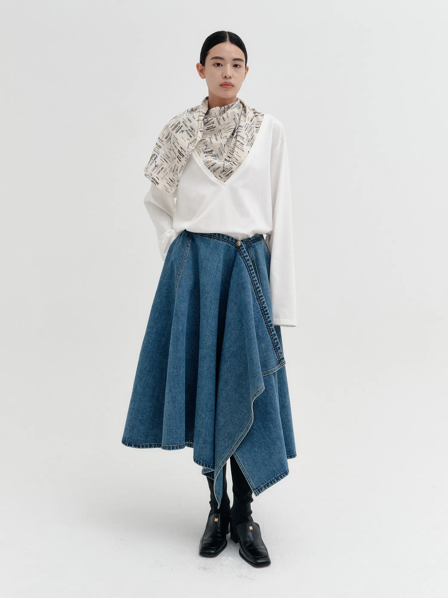 Side Drape Banded Skirt - Denim Blue