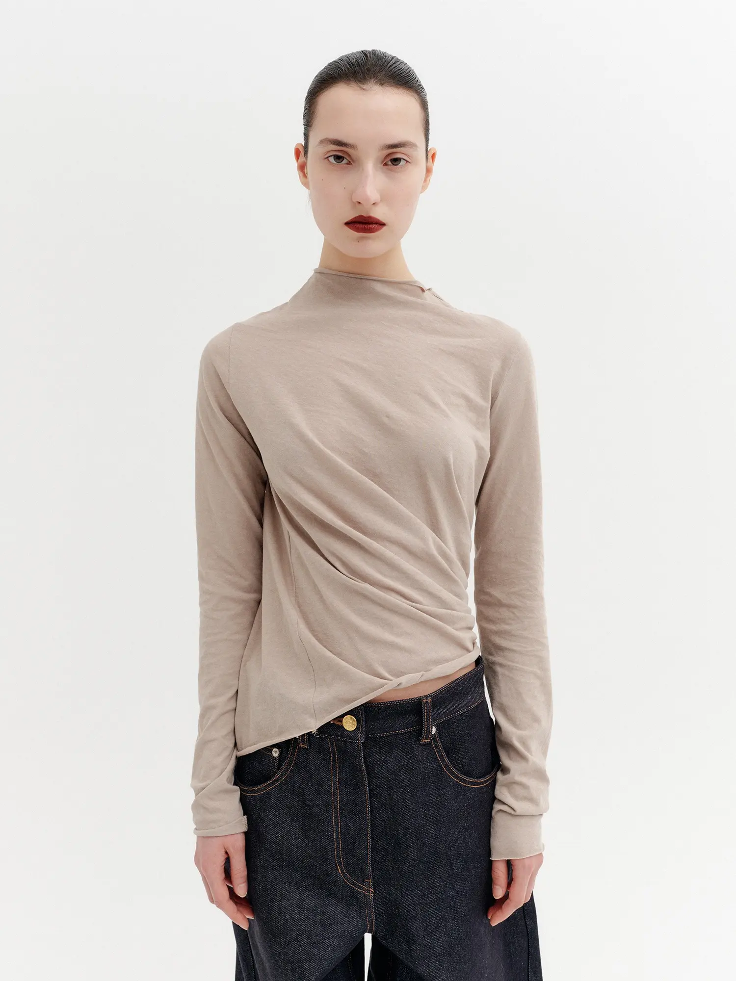 Unbalanced Twist Long Sleeve T-Shirt - Beige