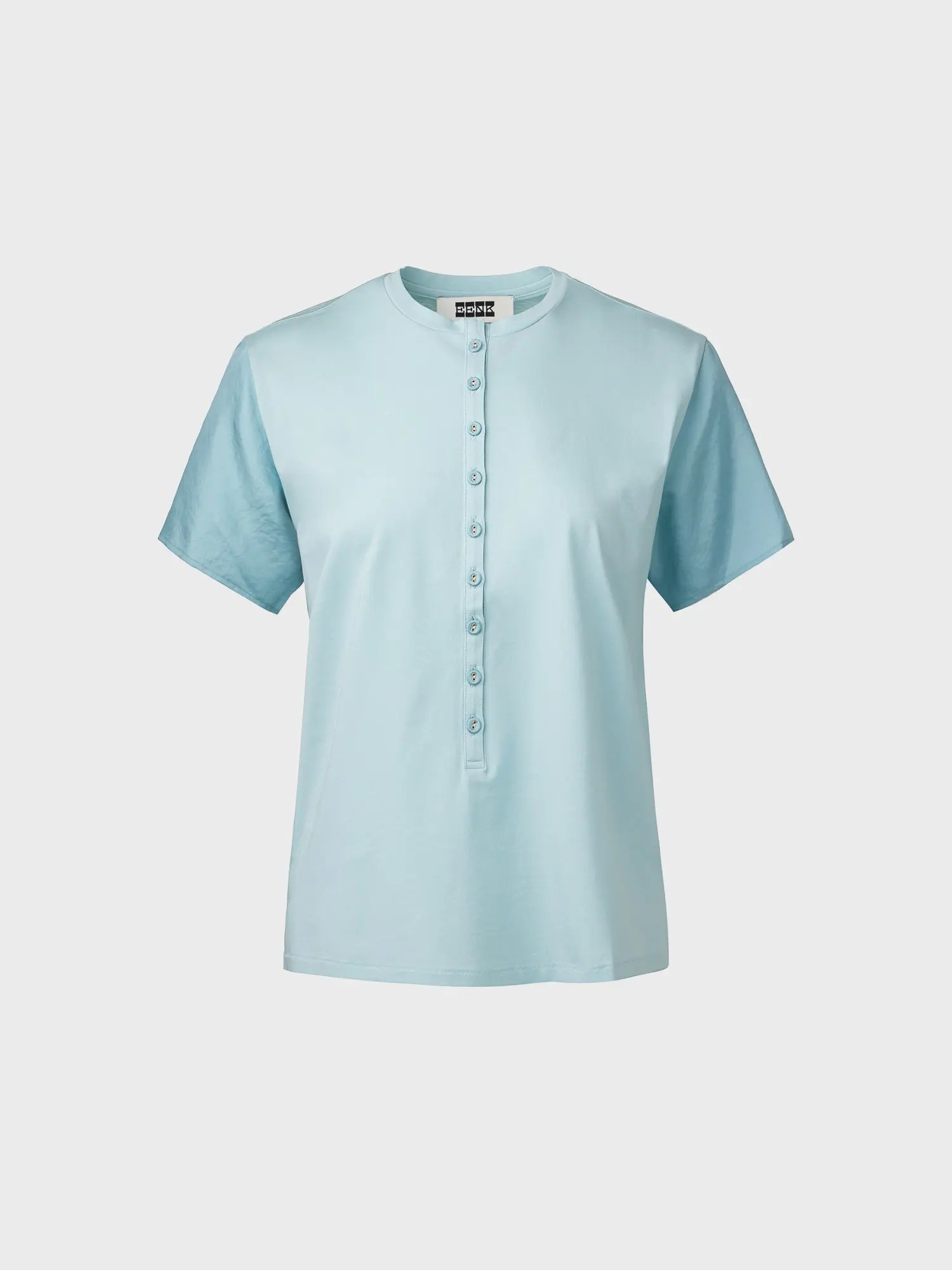 Button-Up Round Neck T-Shirt - Light Blue