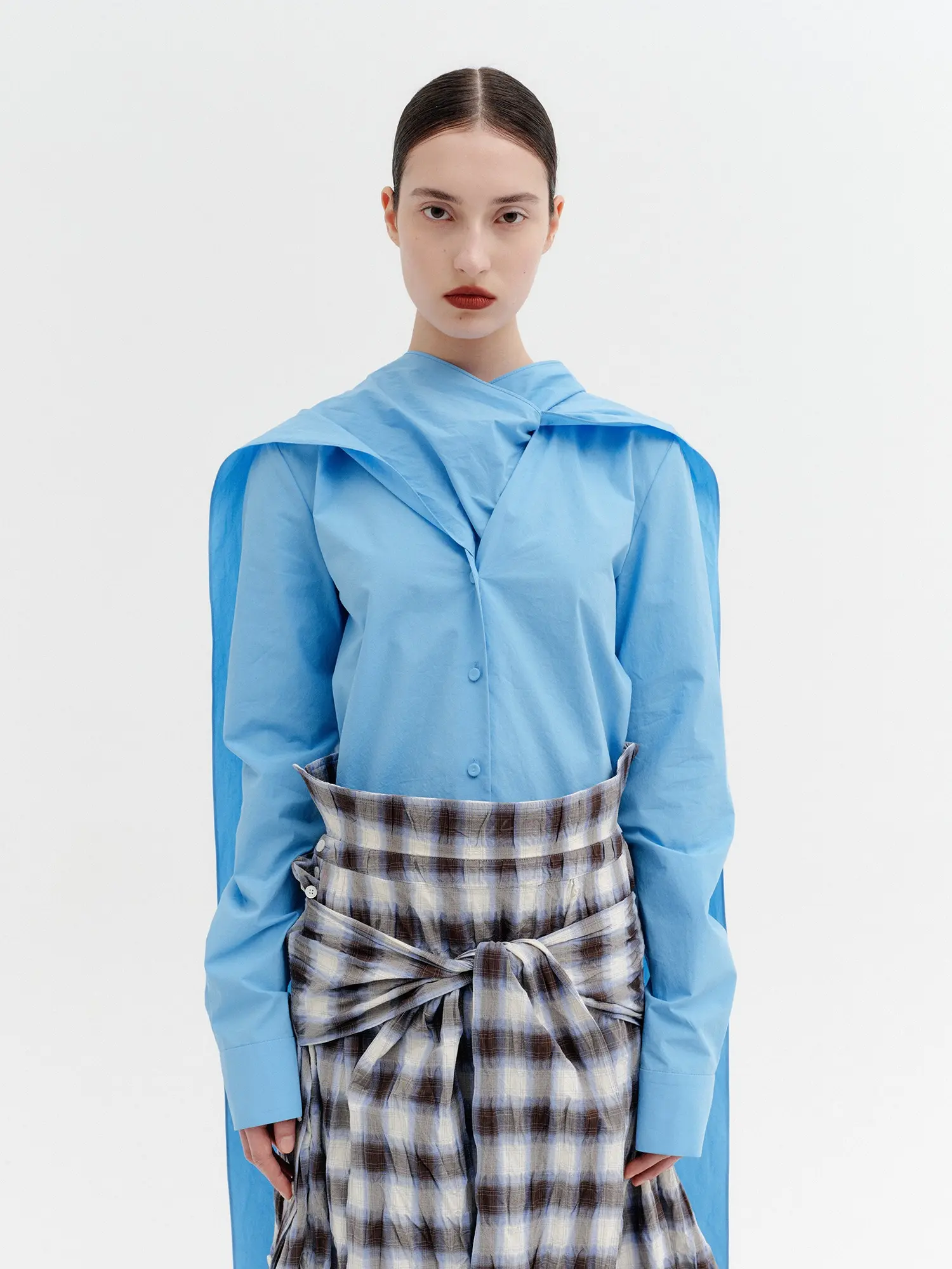 Layered Scarf V-Neck Blouse - Blue