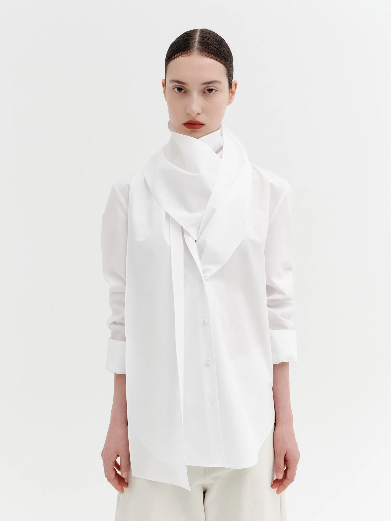 Layered Scarf V-Neck Blouse - White