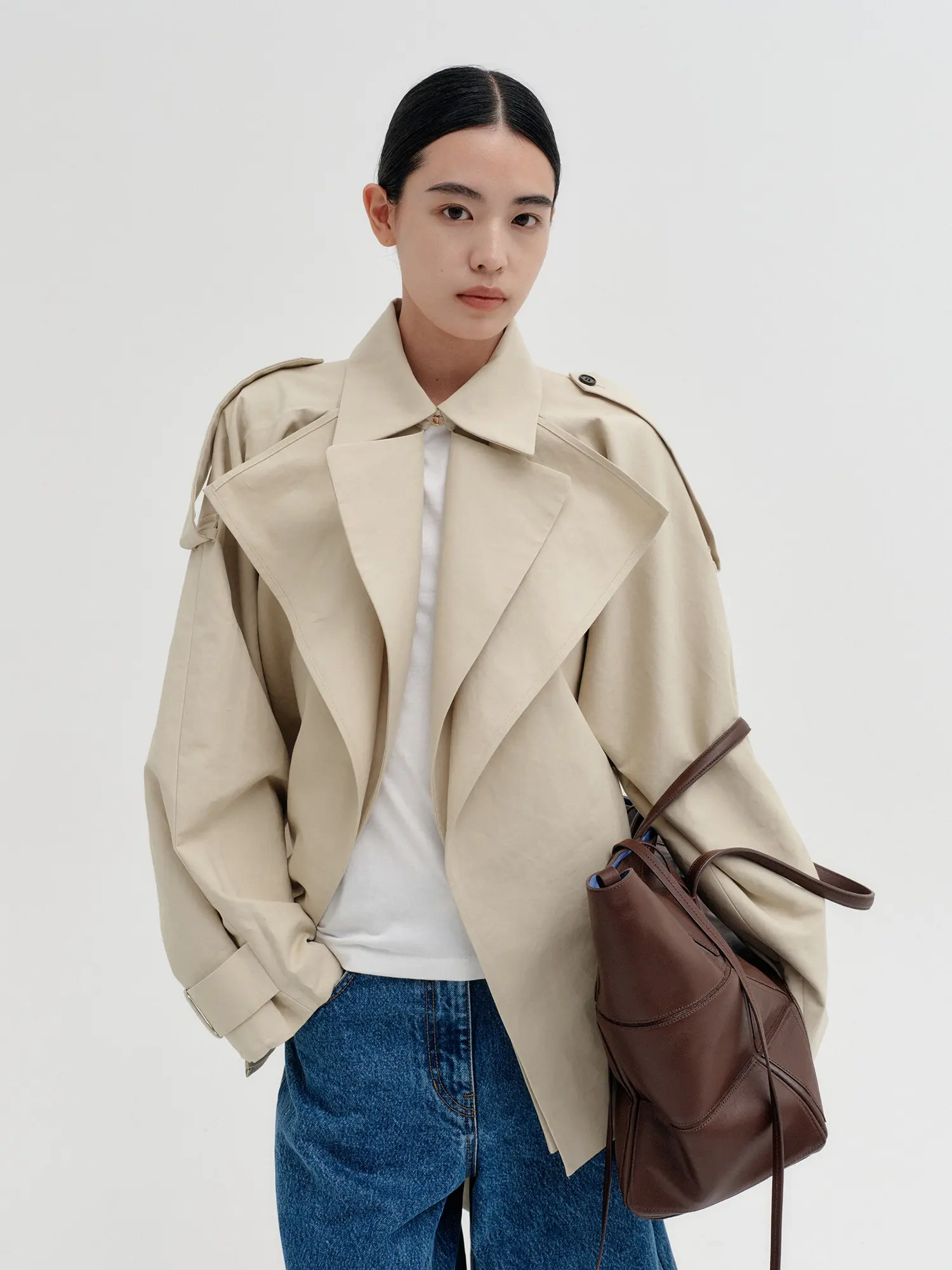Layered Collar Drape Jacket - Beige
