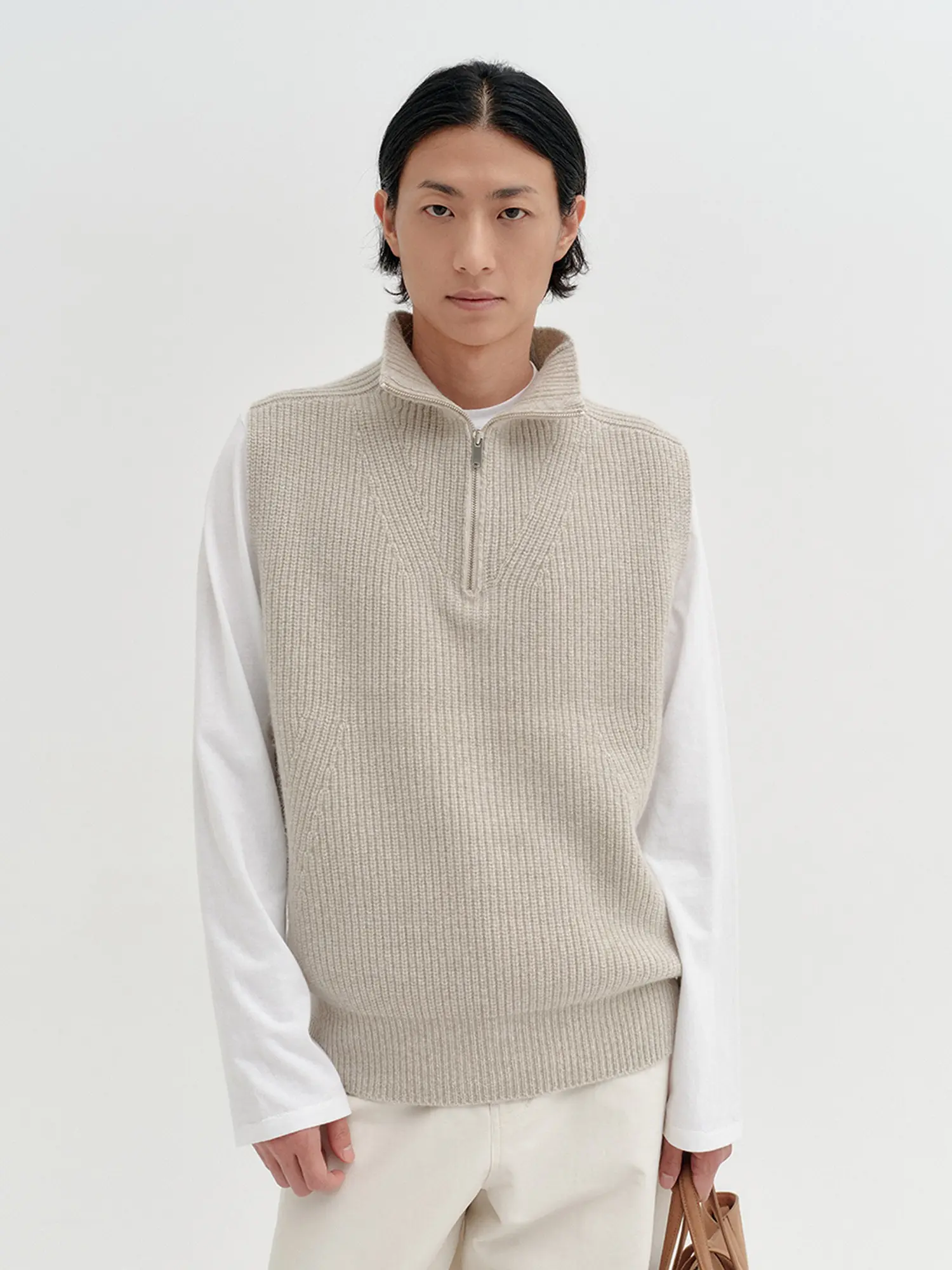 Rib Knit Quarter Zip Vest - Light Beige