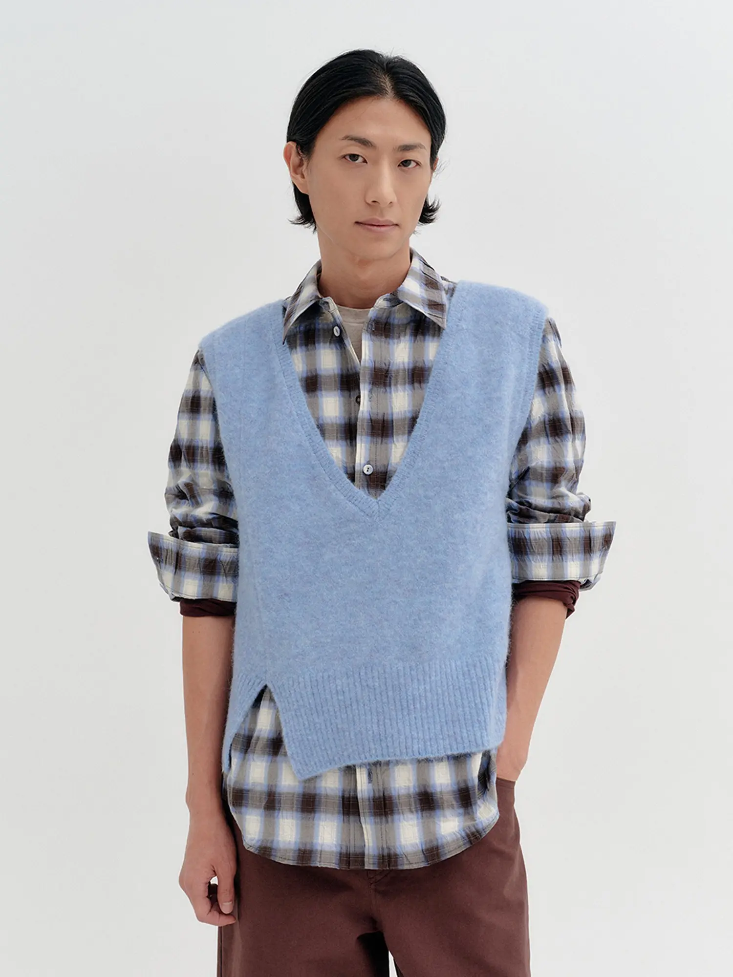 Side Slit V-Neck Knit Vest - Sky Blue