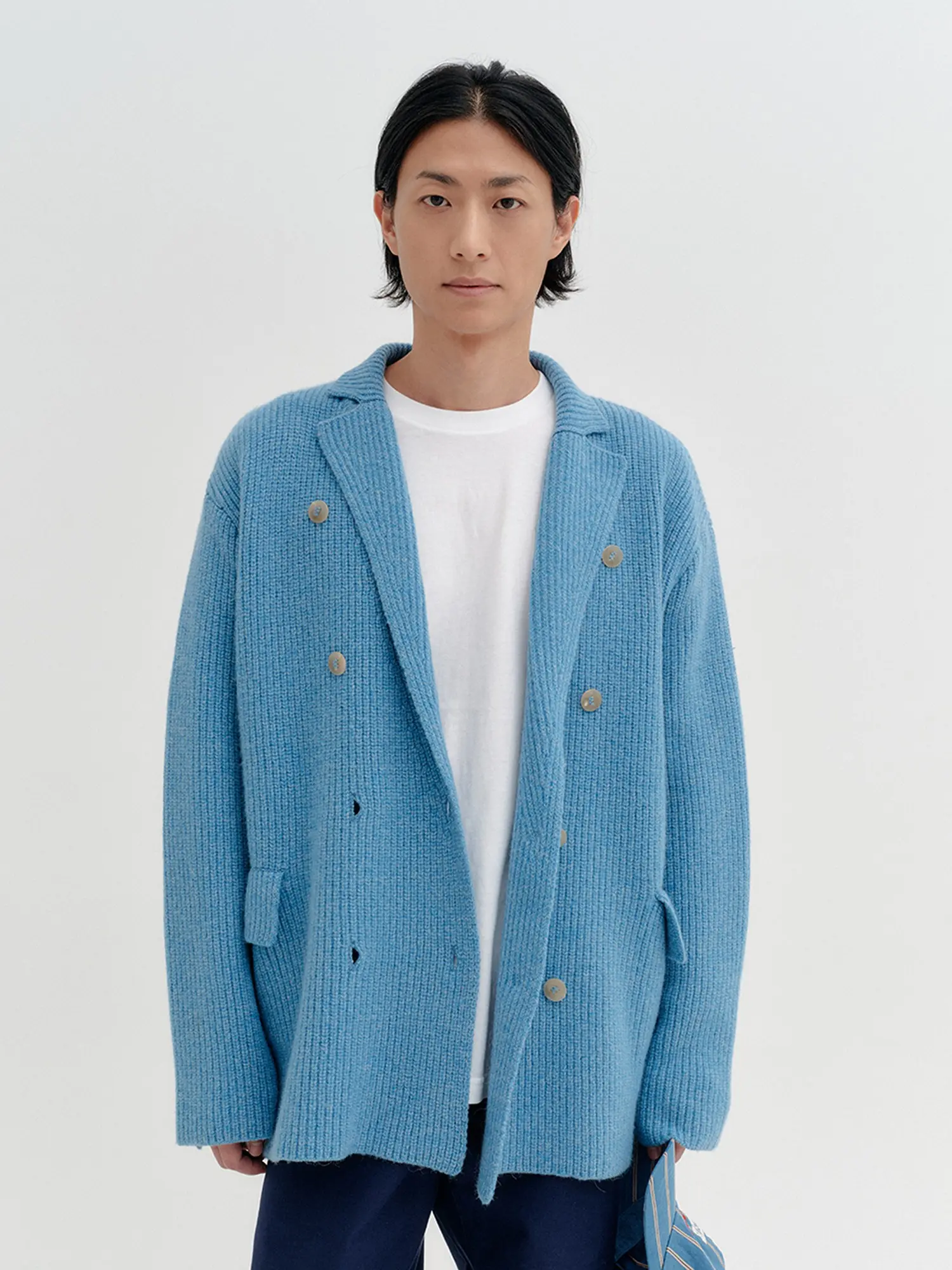 Classic Double Breasted Knit Cardigan - Sky Blue