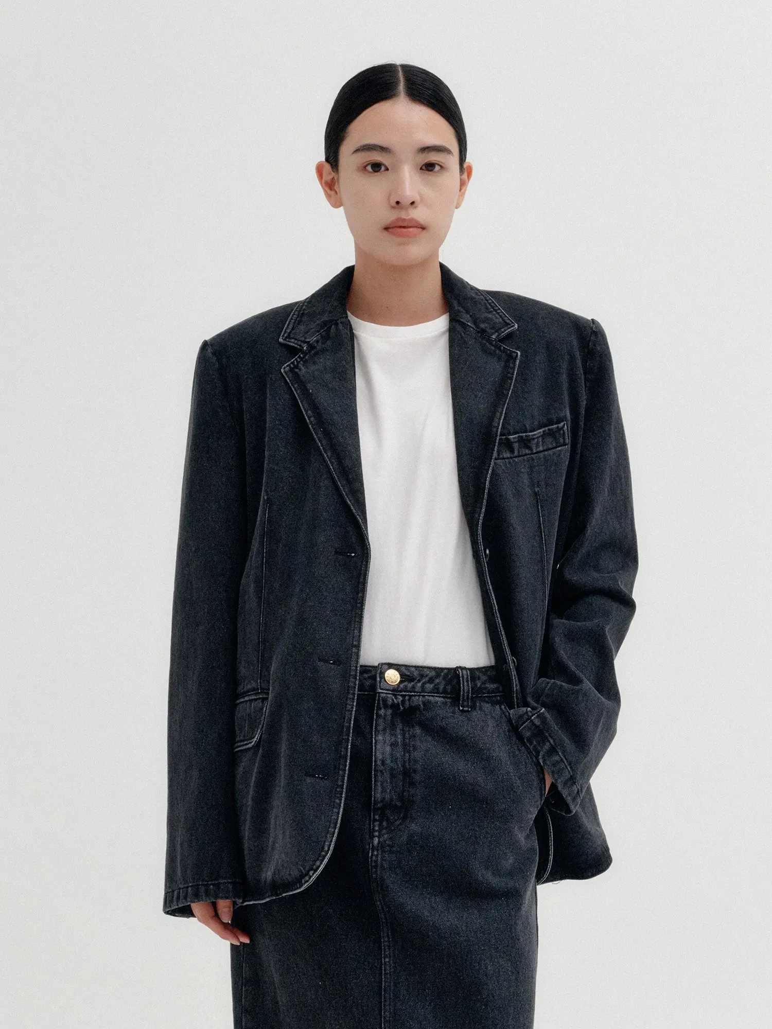 Denim Single Breasted Jacket - Denim Black