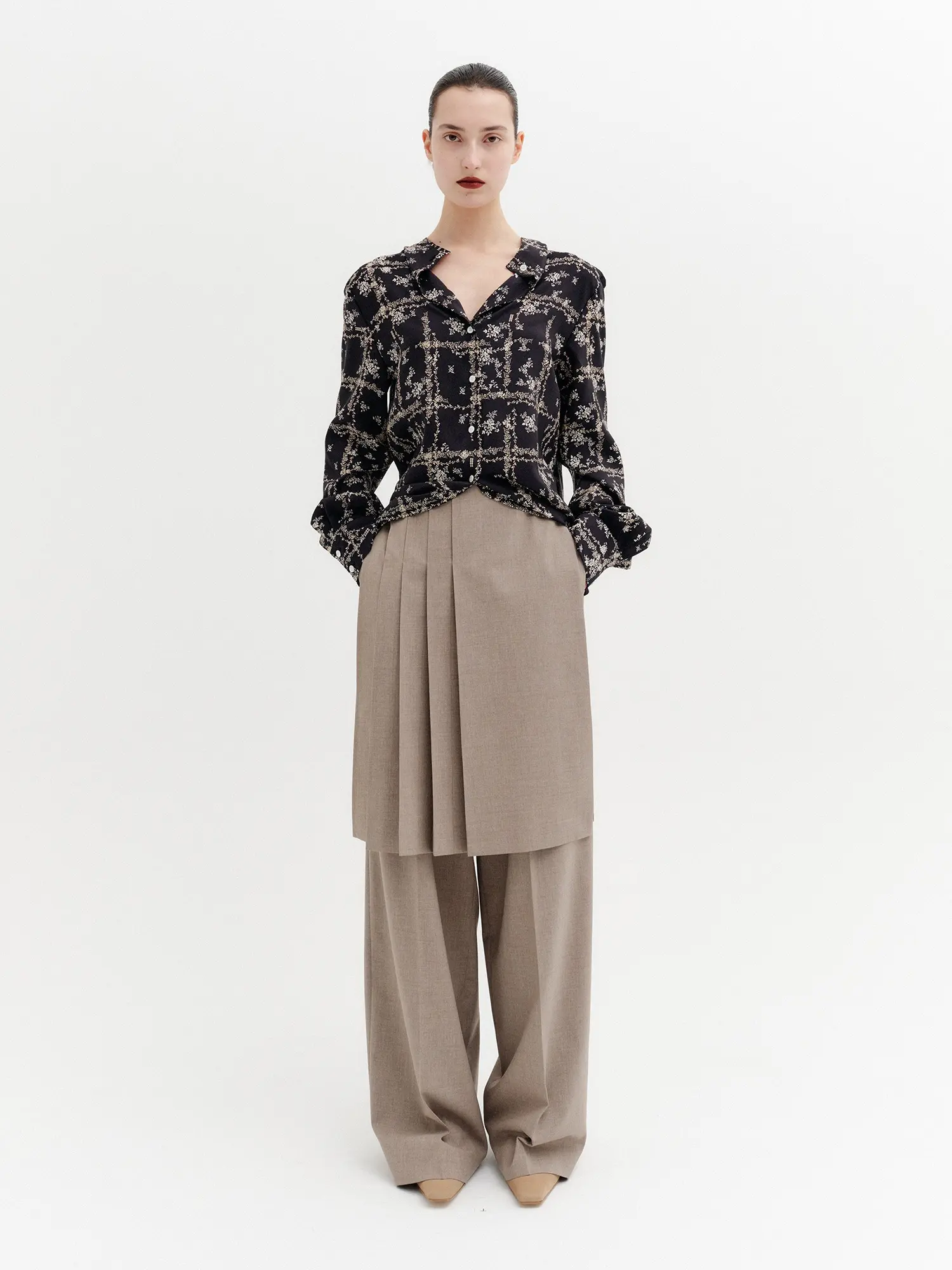 Belted Detachable Pleats Pants - Beige