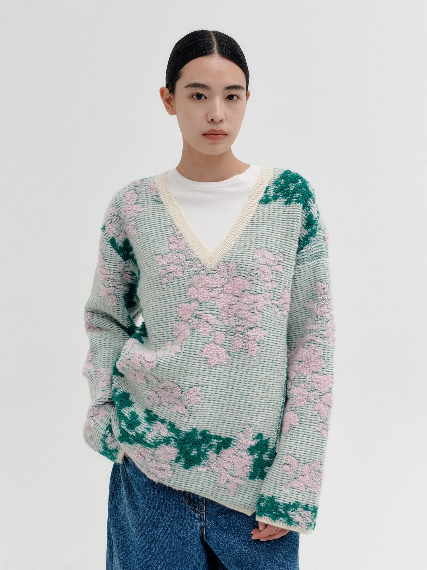 Side Slit V-Neck Knit Sweater - Multi