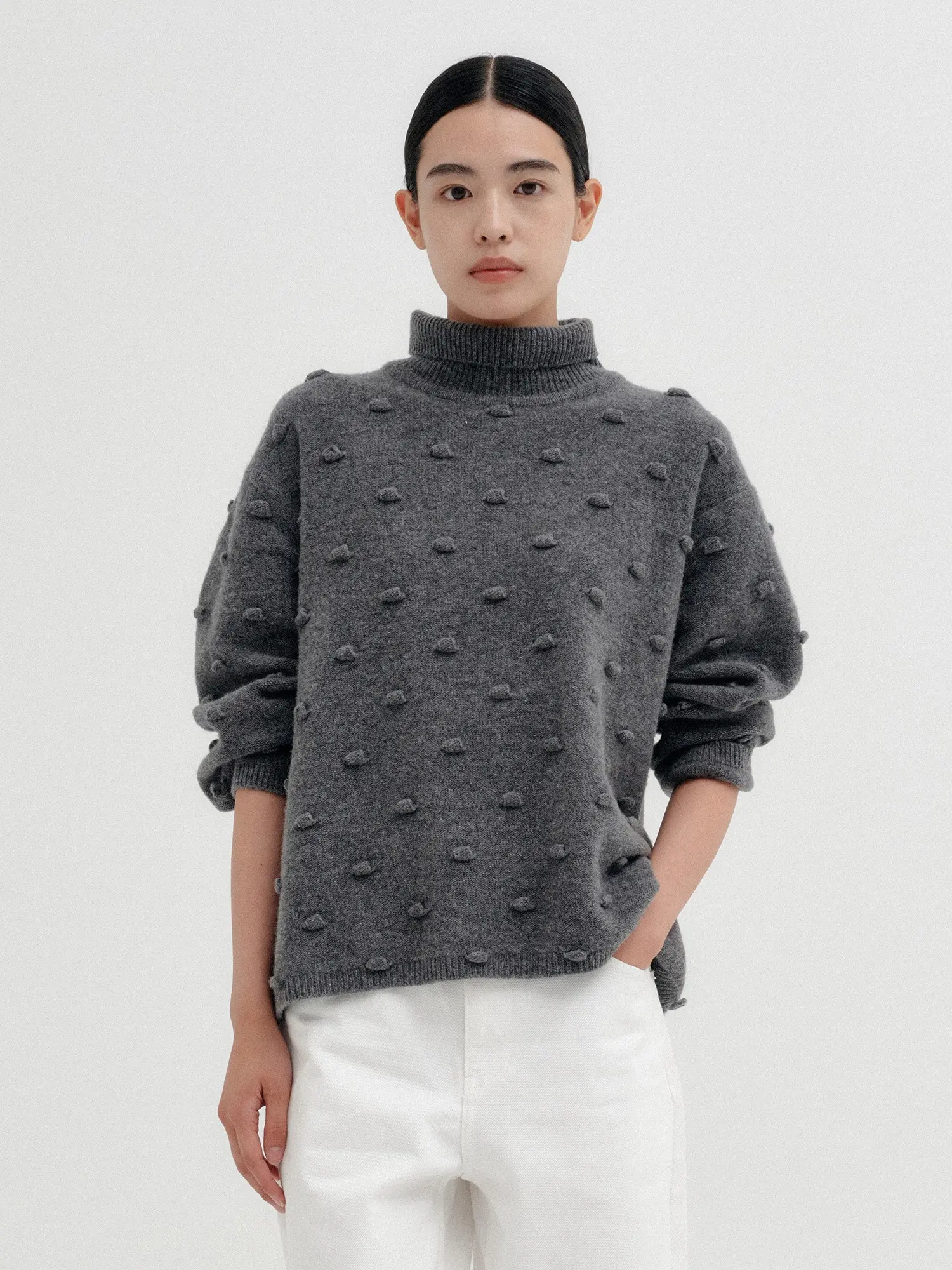Bubble Knit High Neck Top - Grey