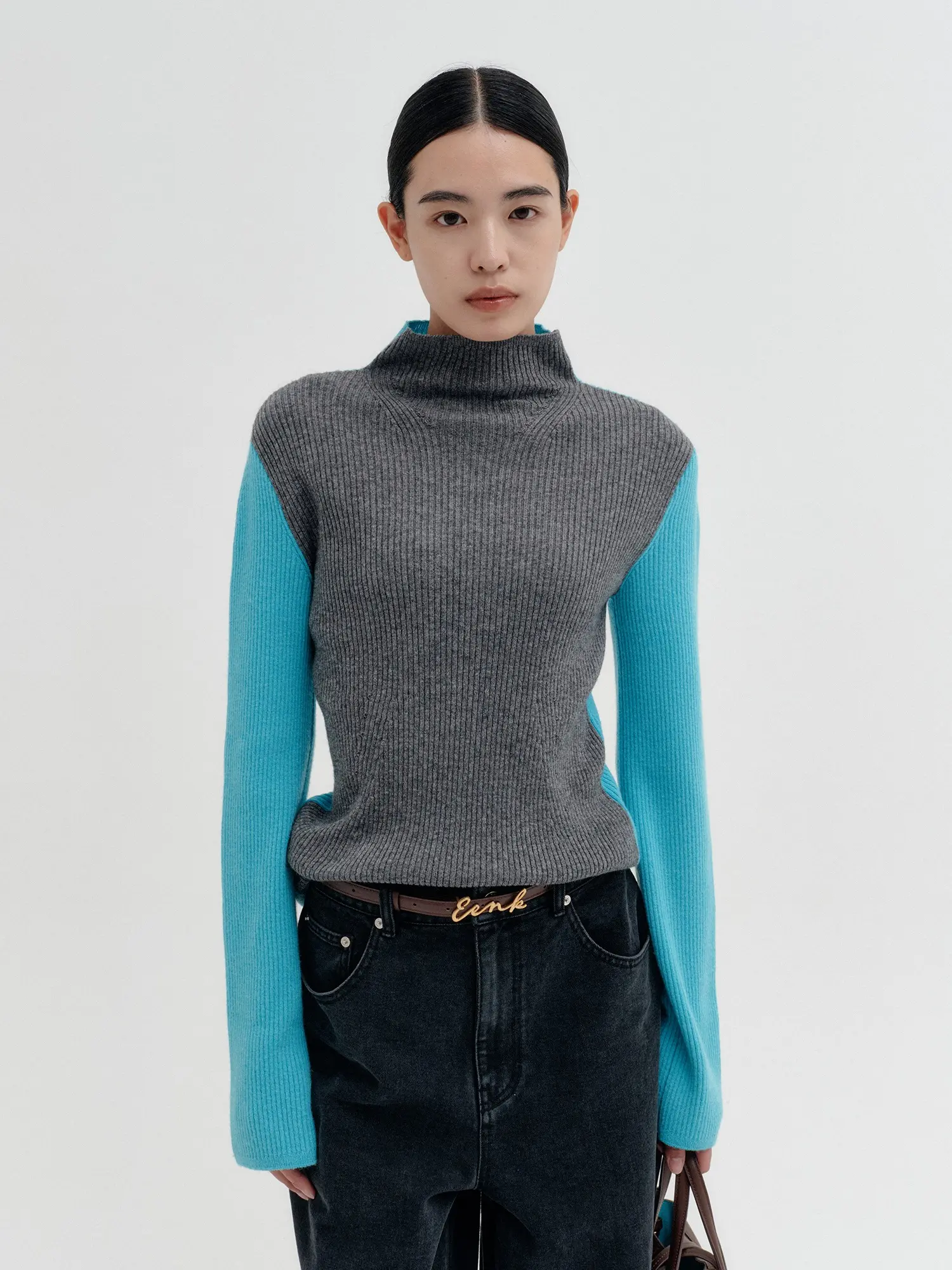 Cashmere Contrast High Neck Knit Top - Mint