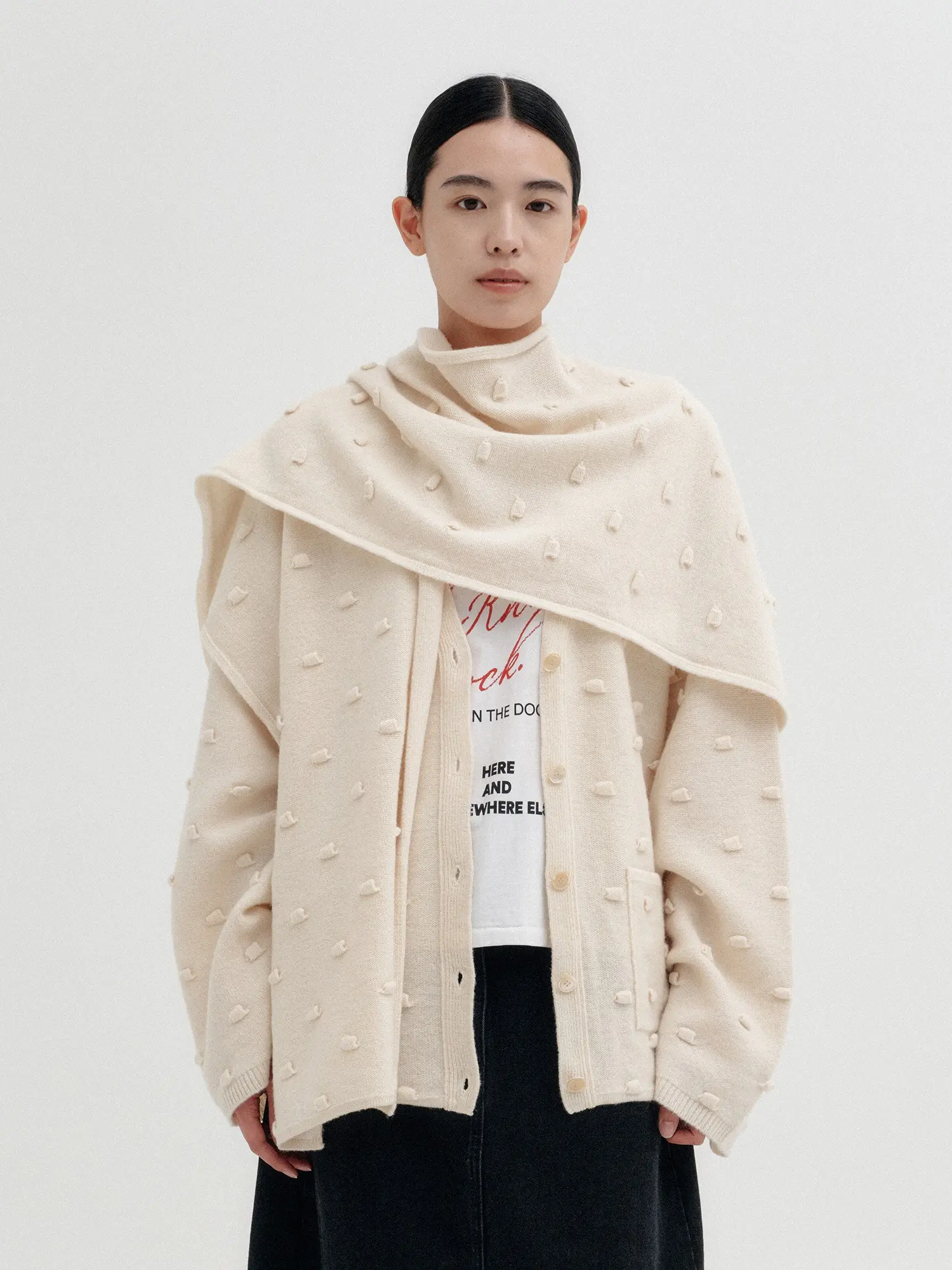 Shawl Layered Knit Cardigan - Ivory