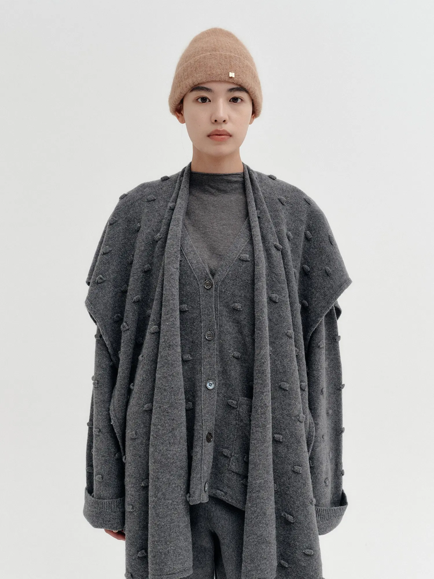 Shawl Layered Knit Cardigan - Grey