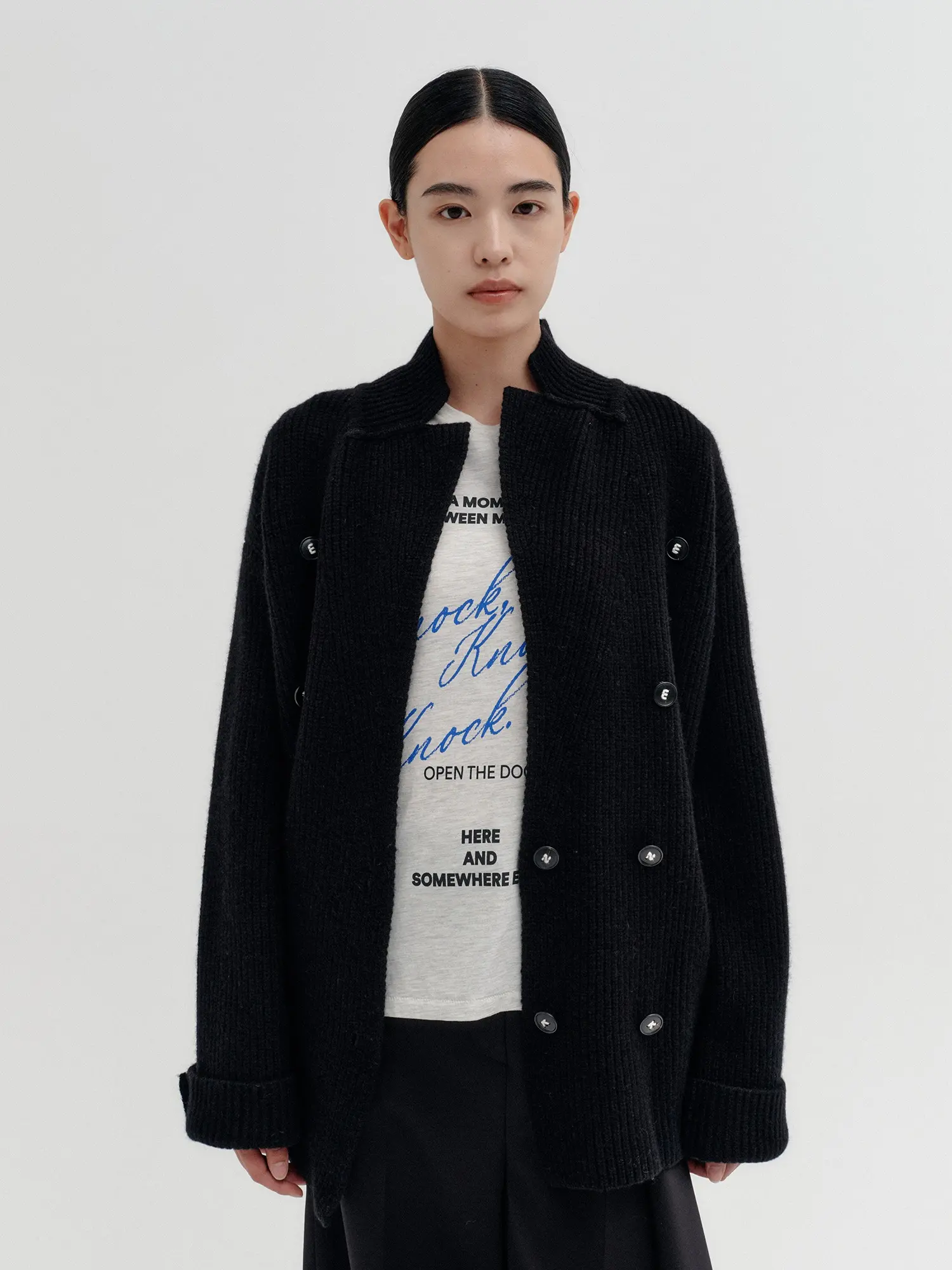Classic Double Breasted Knit Cardigan - Black
