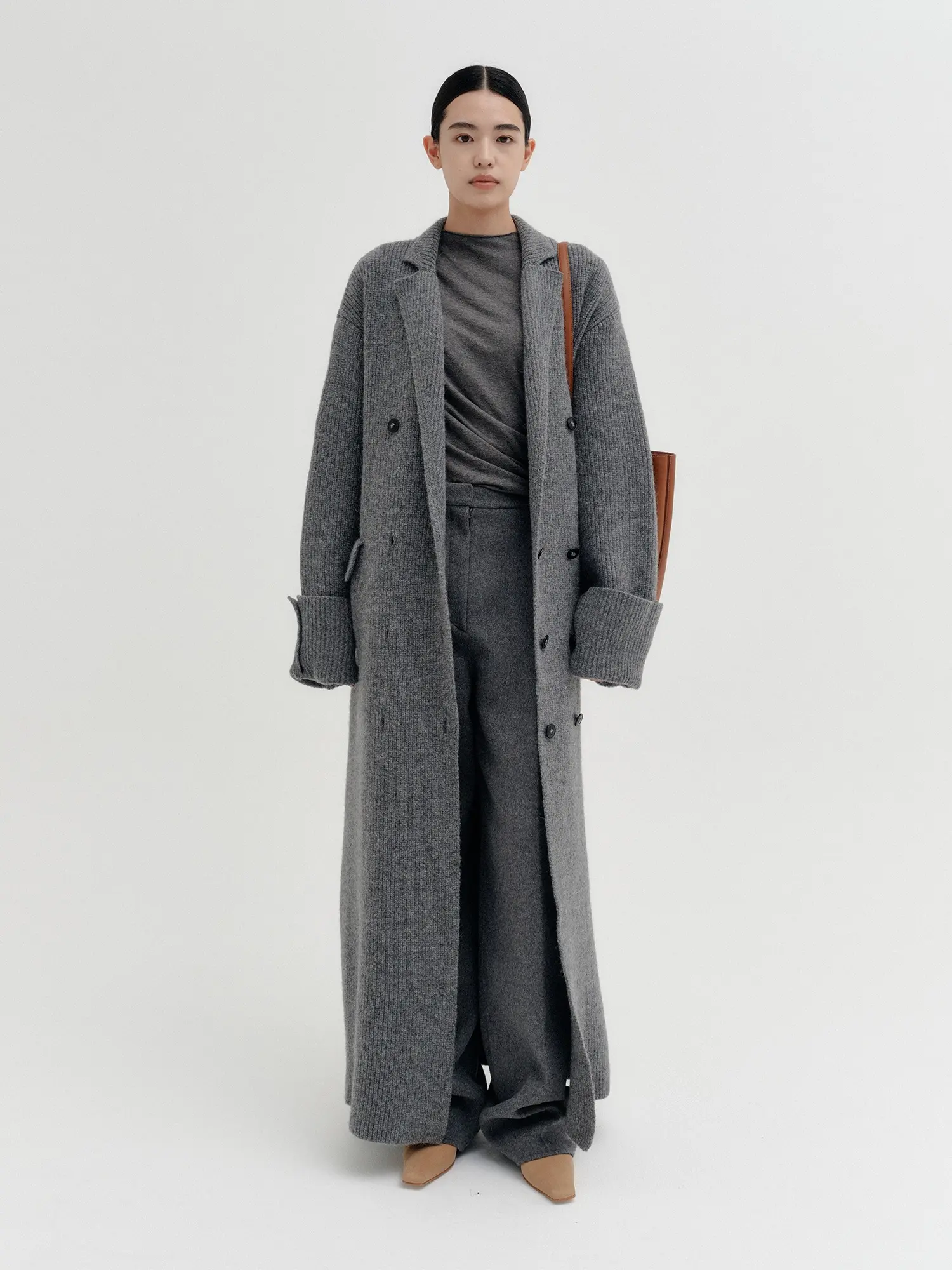 Classic Double Breasted Knit Coat - Grey