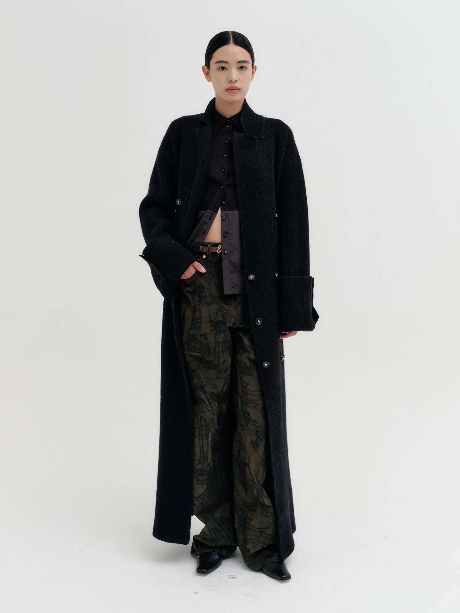 Classic Double Breasted Knit Coat - Black