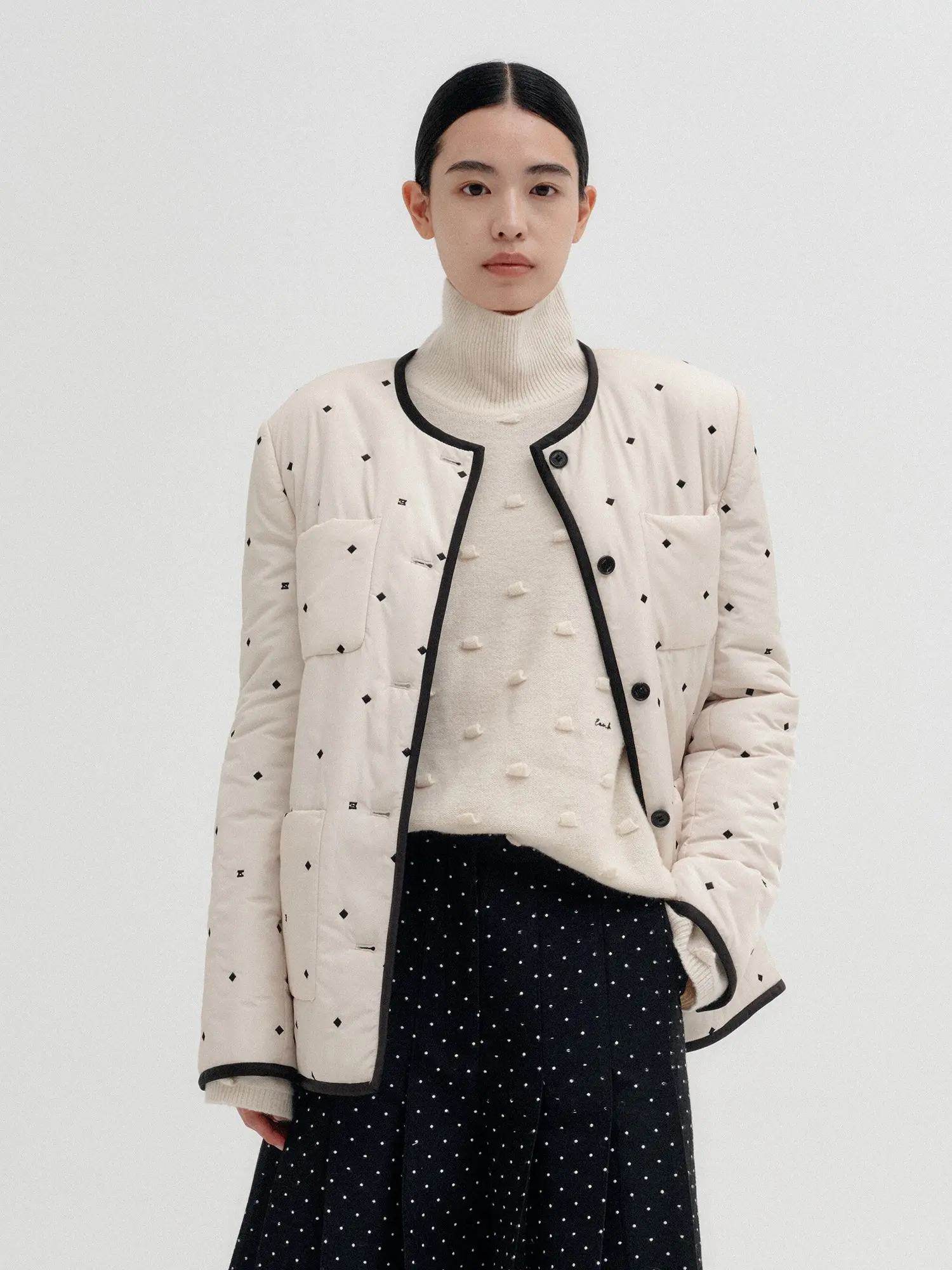 Embroidery Padded Jacket - Ivory/Black