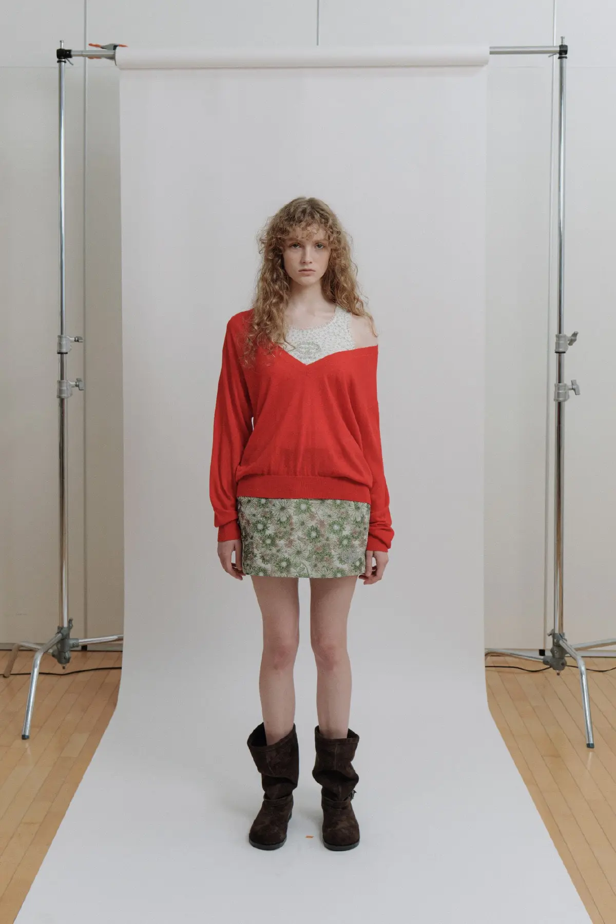 Lace Jersey Layered Knit Set (Red)