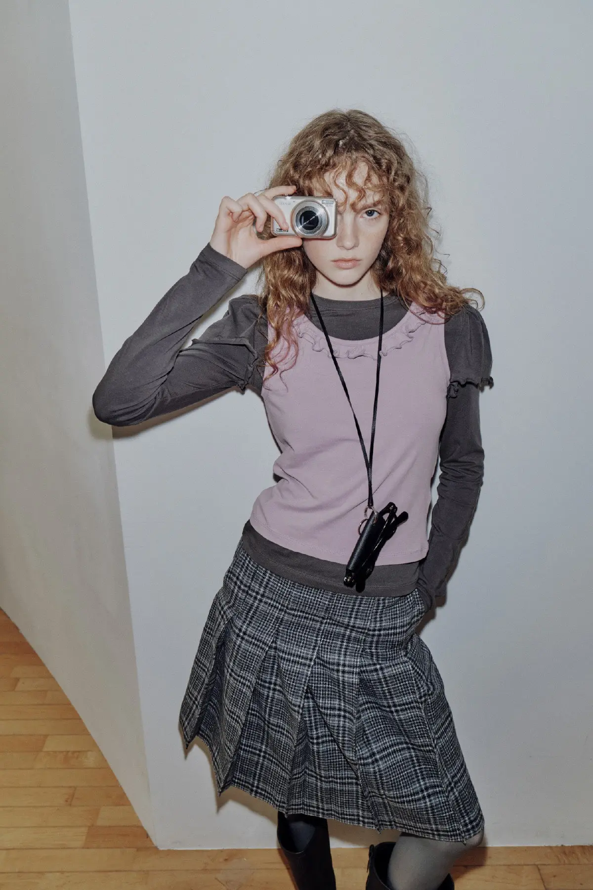 Short Pleated Skirt (Black Check)