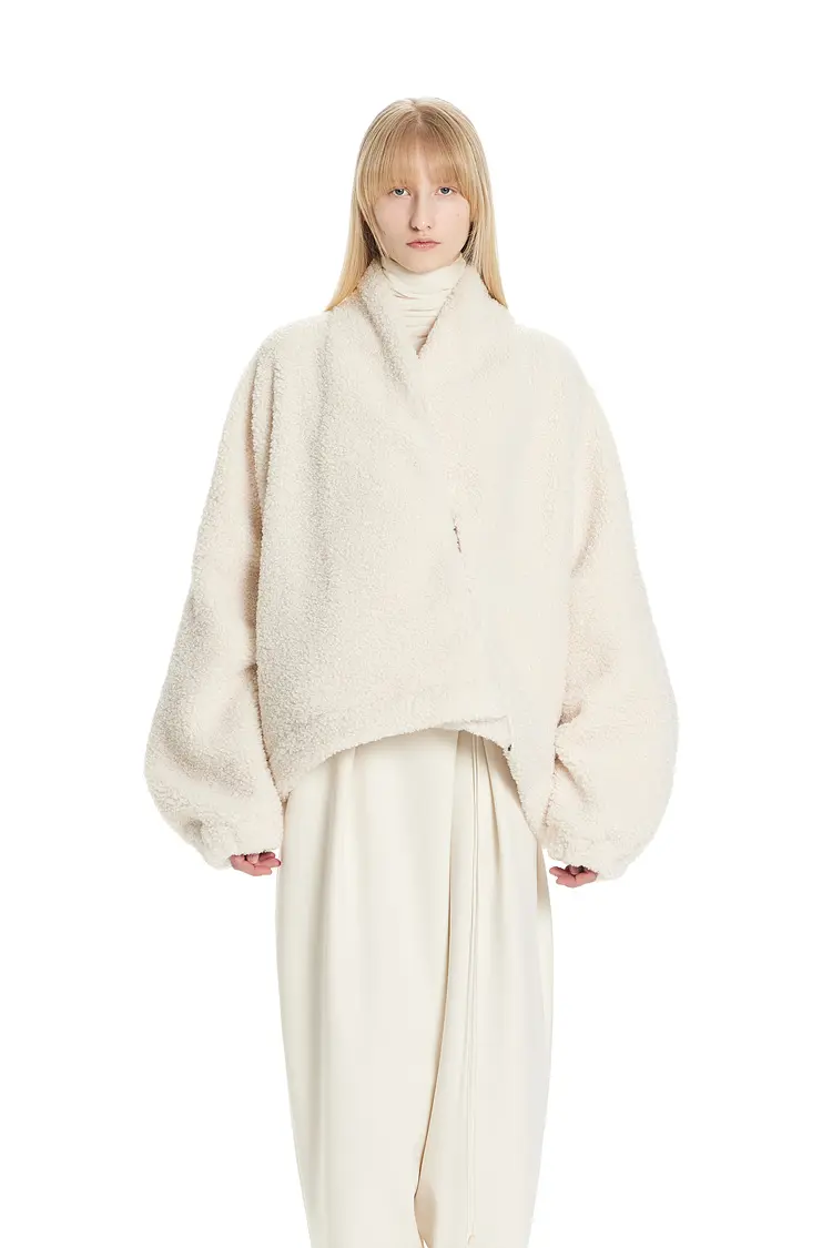 GDeL Mini Boucle Diagonal Zip-Up Cardigan (Cream)