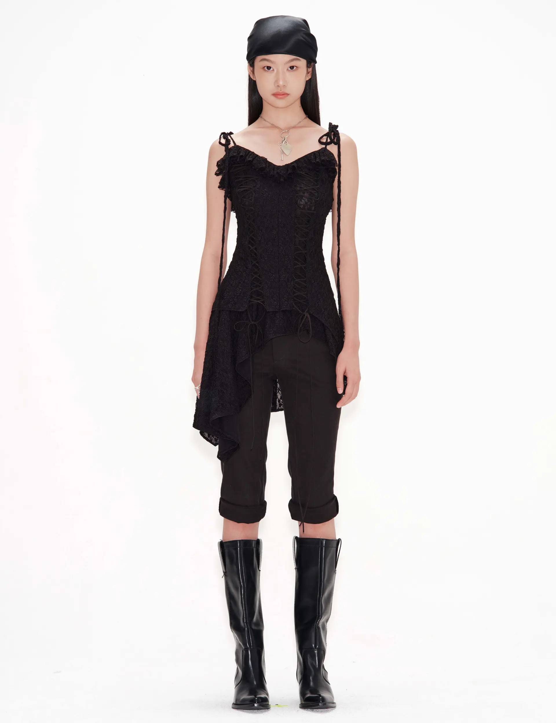 Lace-Up Ruffled Dress (Black)