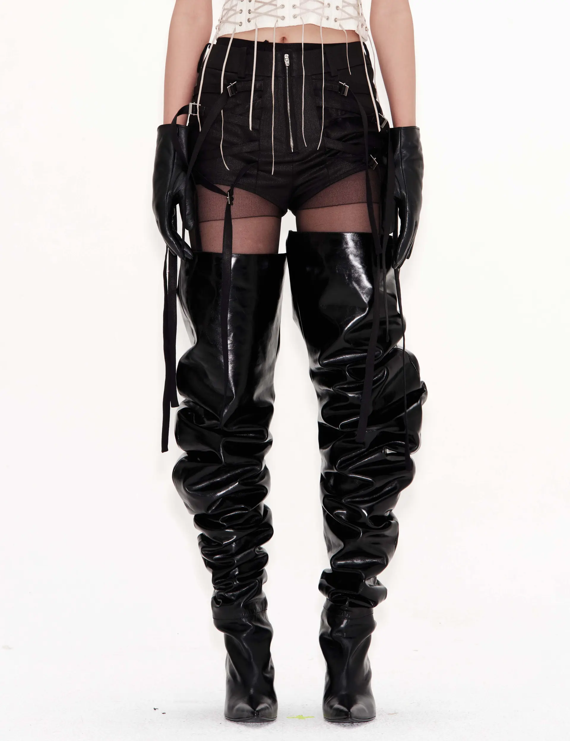 Side Strap Detail Coated Denim Shorts