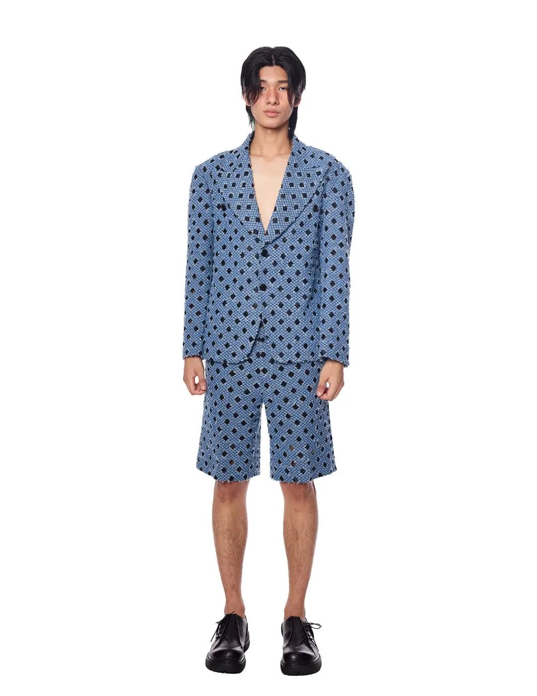 Checkerd Pattern Denim Shorts