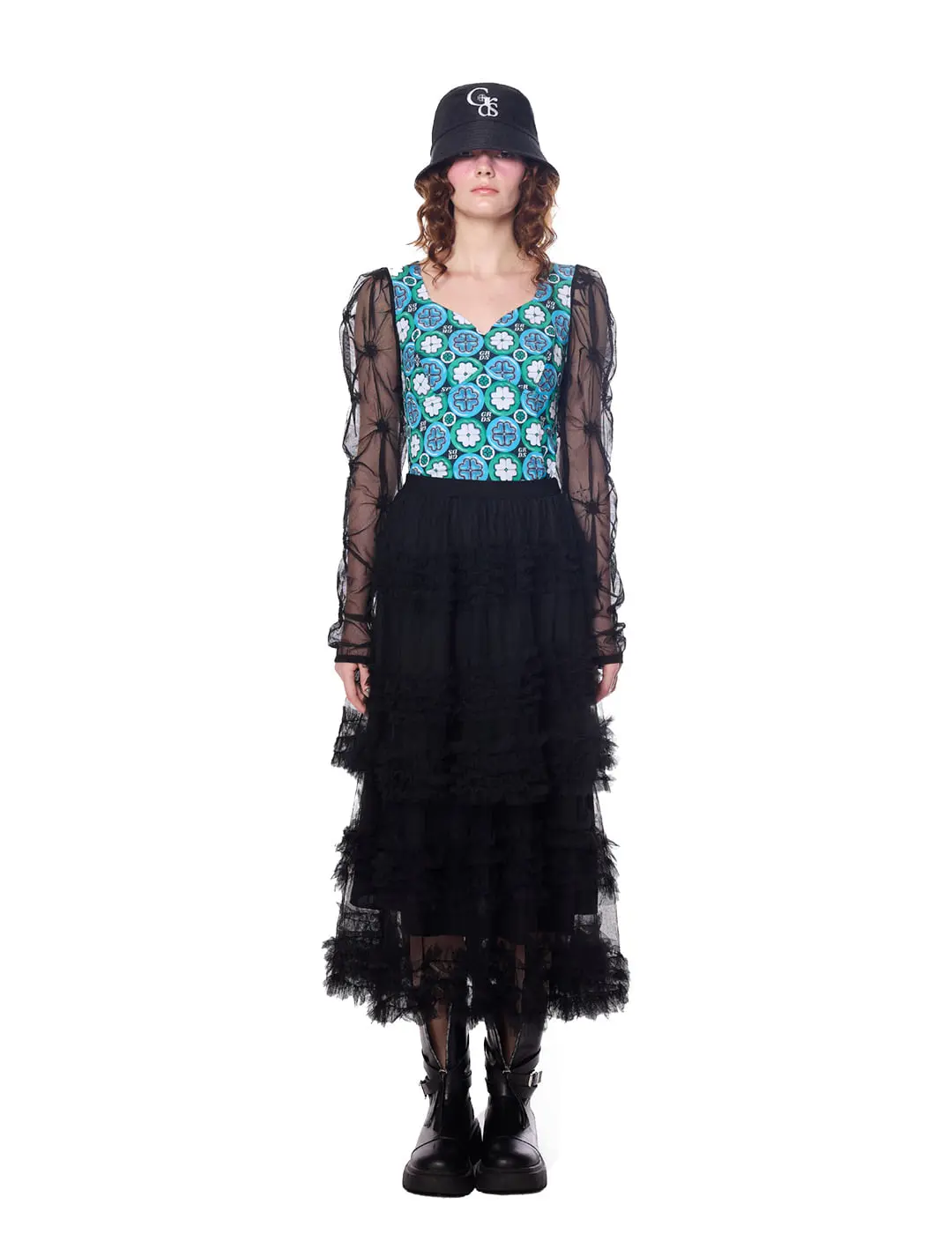 Sheer Lace Tiered Ruffle Mid Skirt