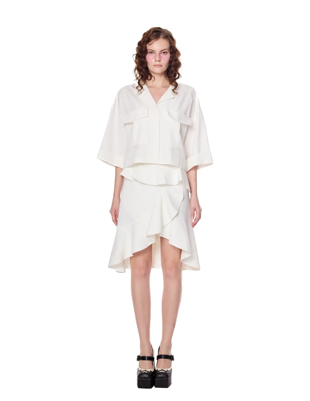 Asymmetric Curved Ruffle Overlay Skirt