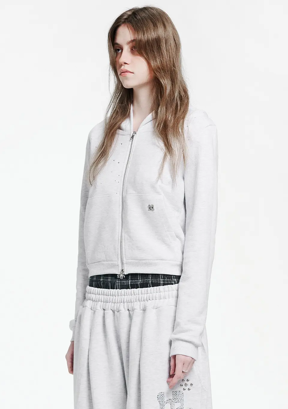 Holy Symbol Crop Hooded Zip-Up_WHITE MELANGE