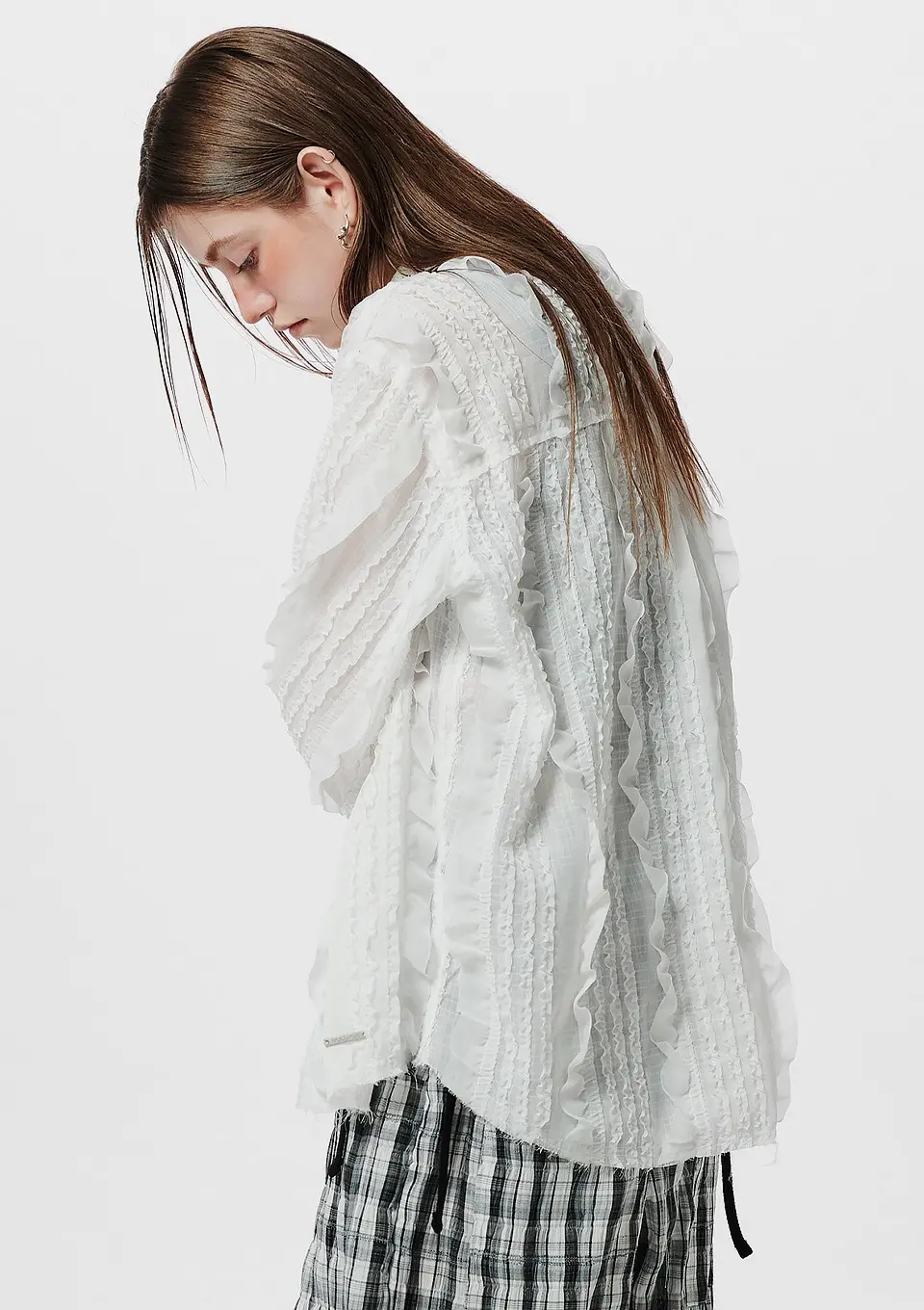 Raw Edge Detail Ruffle Shirt _ White