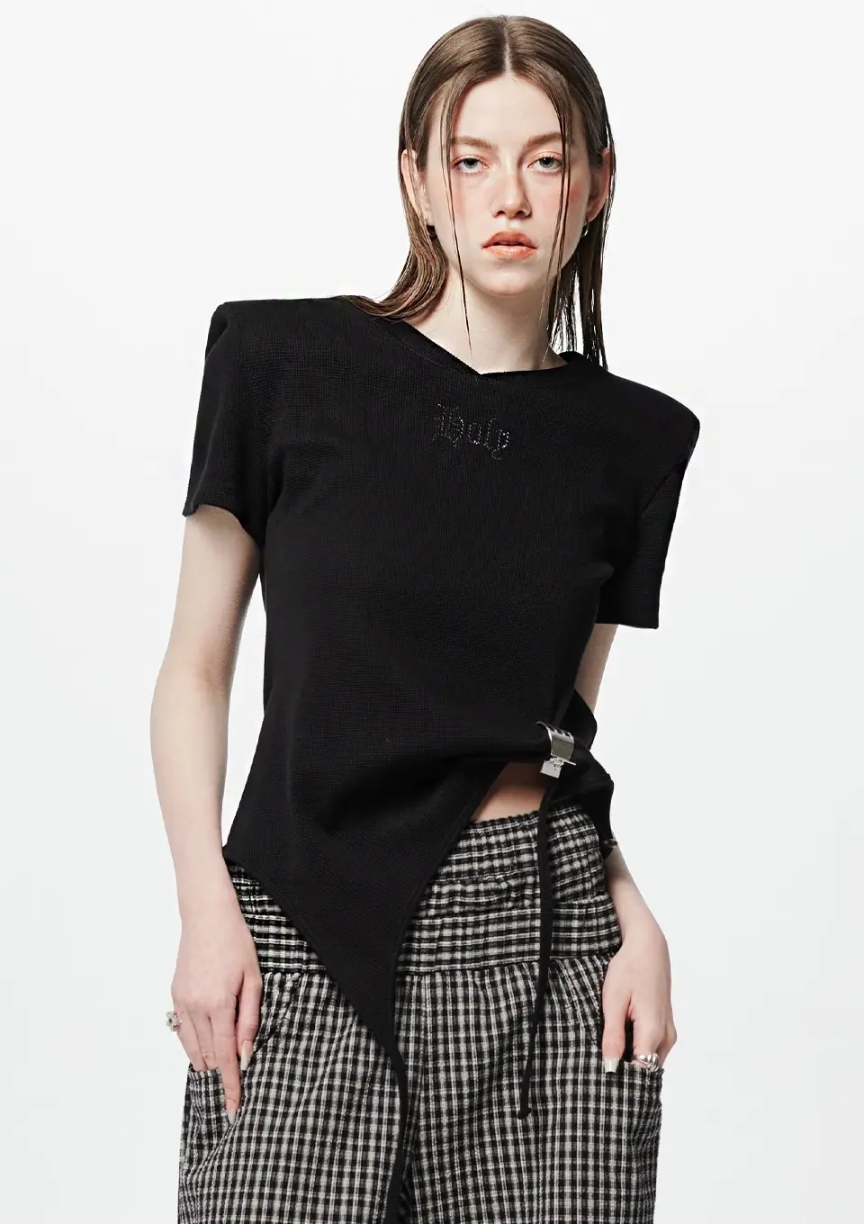 Shoulder-padded waffle T-shirt _ Black