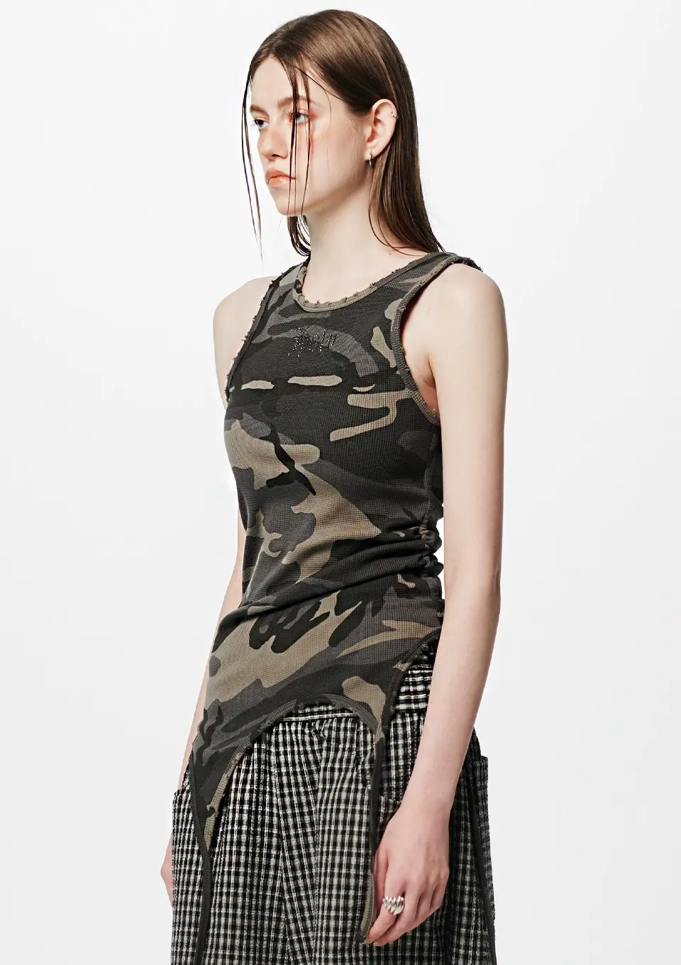 HOLY NUMBER 7 — Back Slit Waffle Shirring Top _ Camo