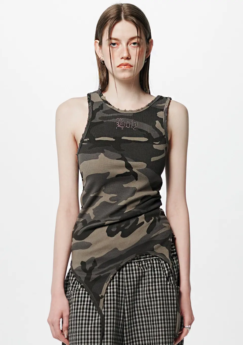 Back Slit Waffle Shirring Top _ Camo